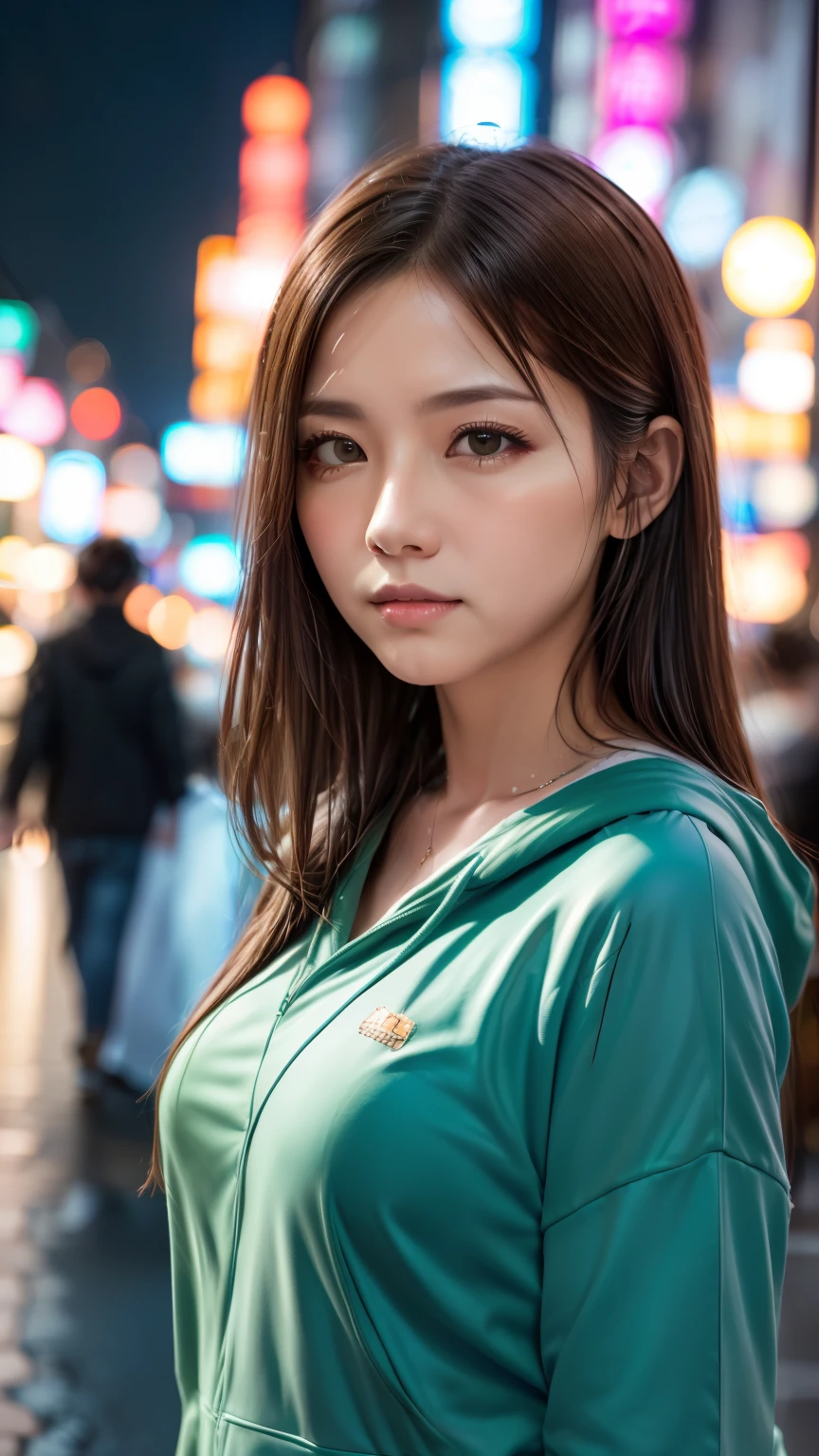 A woman standing on a crowded street in Tokyo, Traffic jam on a rainy night, masterpiece, RAW Photos, Written boundary depth, Bokeh, (Front light:1.2), (Backlight:0.75), (Subsidy light:0.9), neon, chromatic aberration, (Lens flare:1.2), 8k, Genuine, green,(head shot:1.5)