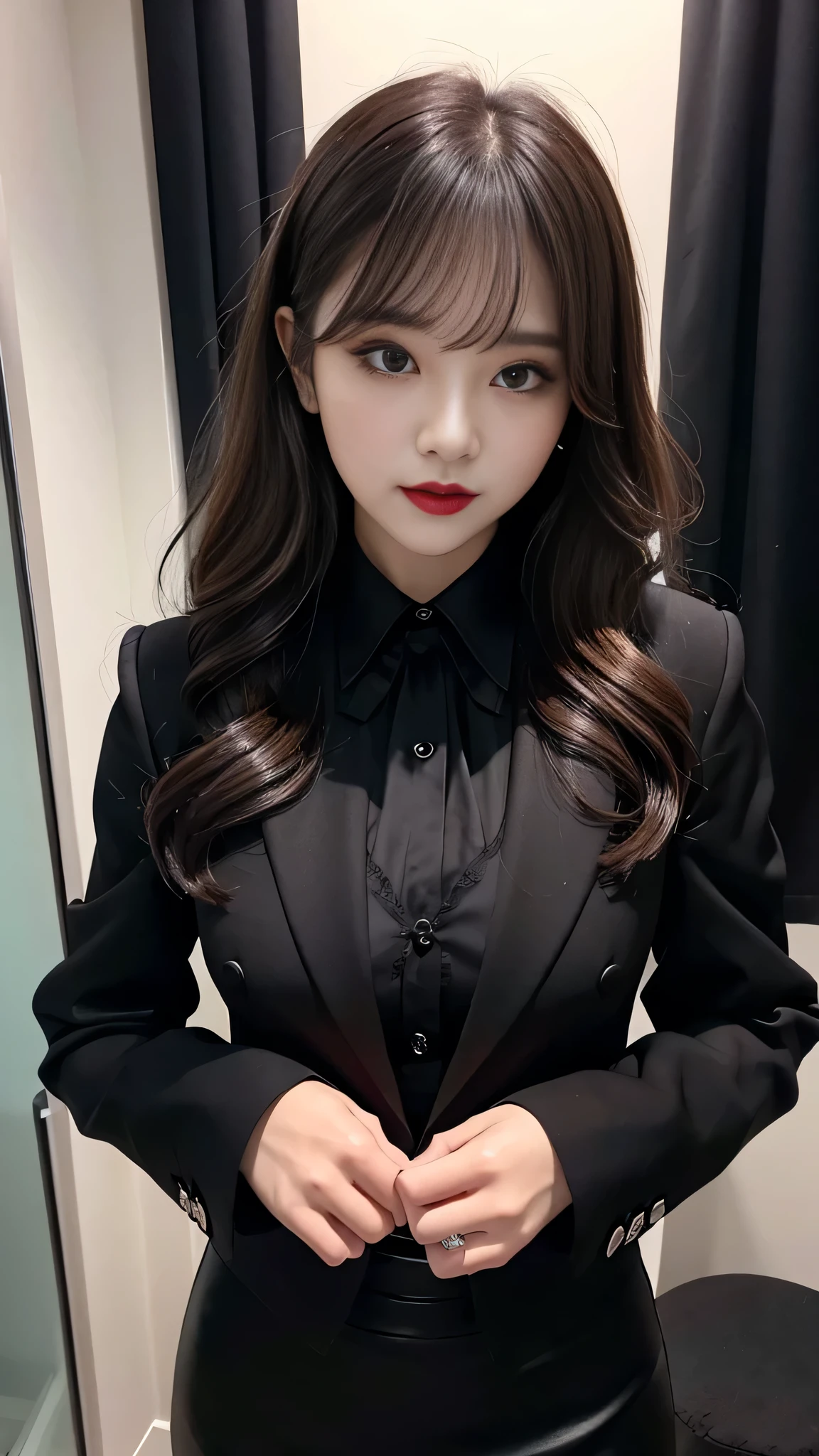 best quality、ultra-detailed、4k、Japanese、Seductive beauty、seductive adult woman、Pretty Woman、cool girl、Villainess、Brainwashed、brainwash、Fallen into evil、smirk、Evil look、Wicked Smile、evil、Brown hair、wavy hair、swept bangs、dark makeup、dark makeup、piercing eyes、hollow eyes,half-closed eyes、Hollow Eyes、purple Eyeshadow、black lipstick、black lipglos、office staff suit、suit、Jacket、Black sleeves、White Shirt、Black Ribbon、Tight Skirt、pantyhose、night、inside darkroom、Are standing、shoot from below、Have lipstick、Emblem of Evil、Crest of Darkness、Swear allegiance、I have pledged my allegiance、Dye black、Blackening、Stained with evil、Dyed in darkness、Seduce