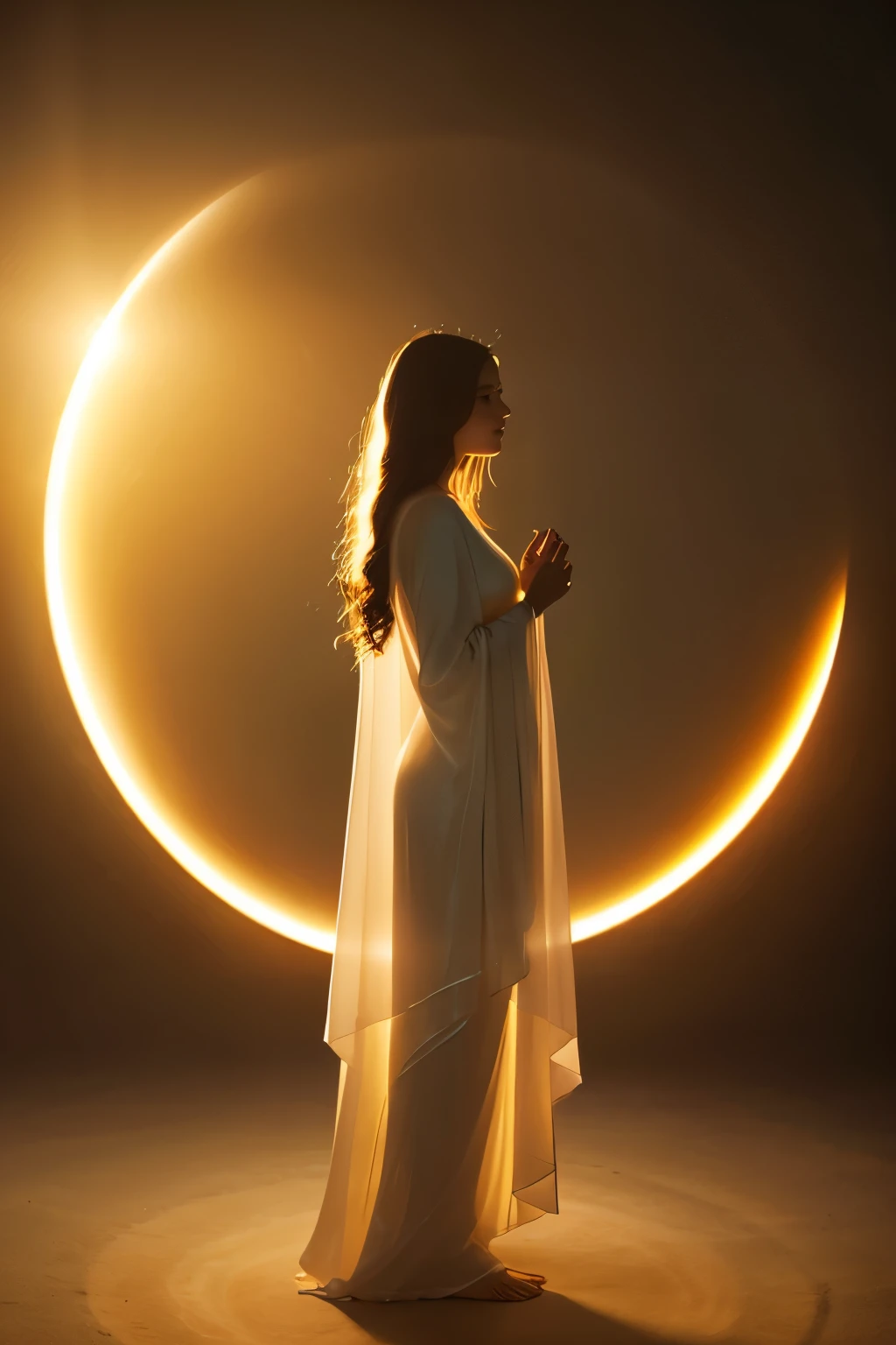 Create an ethereal and mystical image of a young woman standing in profile against a glowing, halo-like circle of light. She should be dressed in flowing, translucent robes that give a sense of motion and grace. The background should be minimalistic, enhancing the divine and serene atmosphere, with warm, golden tones and soft lighting.
