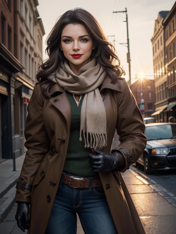 (masterpiece:1.0), (Highest_quality:1.2), (Dark Shot:1.3), Classic Rogue, 1991 Rogue X-Men, 1 girl, Only 1, Head to Toe, standing on street corner, Elegant pose, (clothing: Brown winter coat, Brown color hood, Down lining, White scarf, gloves, jeans) Medium length hair, Brown Hair, Wavy Hair, One gray hair, Green Eyes, Mischievous look, Grin, Lips parted, Red lipstick, Heavy makeup, Confident expression, Backlight, (realism: 1.5), (Realistic: 1.4), (Disorganized:1.4), 8k, Very detailed, Detailed beautiful woman, (background: Midnight, it's snowing, On the streets of New York, Snowy Night), Official Art, Very detailed CG Unity 8k wallpaper, Perfect lighting, colorful, 超High resolution, photograph, 8k, High resolution, Kodak Portrait 400, Film Grain, blurry background, (Bokeh:1.2), (Vibrant_color:1.2), Film Grain:1.2, (Warm colors, Warm Tones:1.2), (color photo), Professional Photograph、Kat Dennings