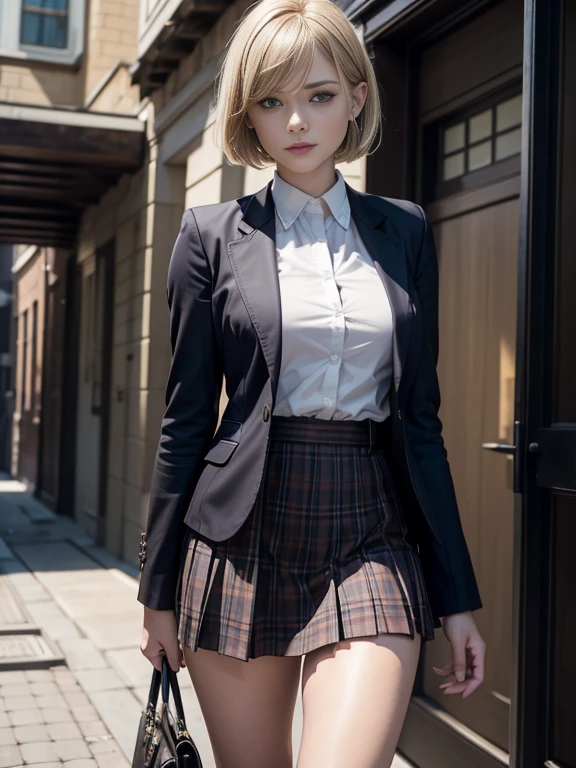 8K,Masterpiece,One woman,Smile,30 years old,blue eyes,Blonde Hair,Short Bob Hair,Ella Freya, a beautiful Dutch YouTuber(Ella Freya),「Resident Evil RE:4」Ashley, the heroine of,(Dark brown blazer,School uniform),Checkered pleated mini skirt,ミニスカート,