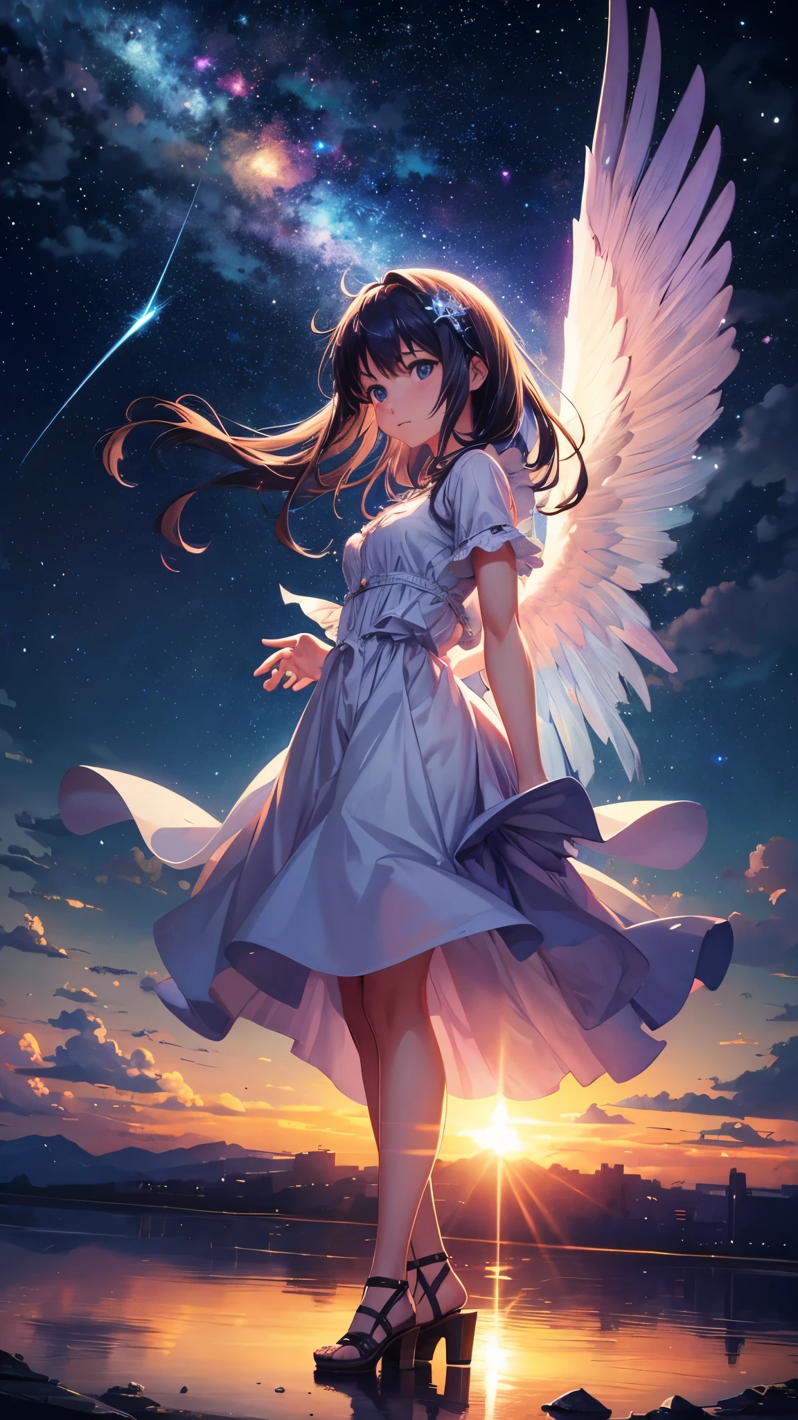 1 girl, eye, close up, beautiful night sky, meteor shower, beyond the clouds, water surrounded, reflections, wide angels, breathtaking clouds, wide angle, by makoto shinkai, thomas kinkade, james gilleard, by holosomnialandscape, hdr, volumetric lighting, ray tracing, an intricate, high details, very detailed, deviantart, 4k vertical wallpaper,, colorful, airy, anime illustration, anime nature wallpaper