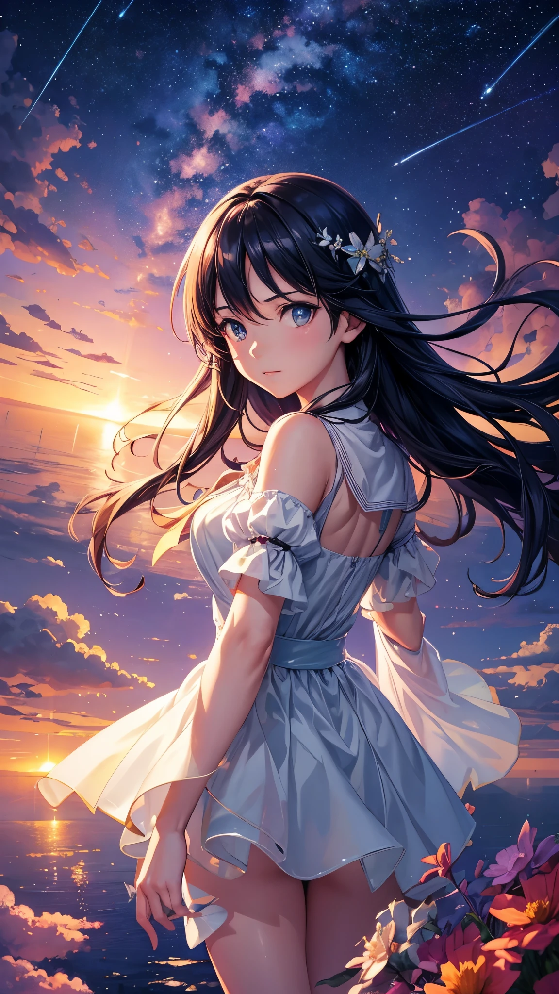 1 girl, eye, close up, beautiful night sky, meteor shower, beyond the clouds, water surrounded, reflections, wide angels, breathtaking clouds, wide angle, by makoto shinkai, thomas kinkade, james gilleard, by holosomnialandscape, hdr, volumetric lighting, ray tracing, an intricate, high details, very detailed, deviantart, 4k vertical wallpaper,, colorful, airy, anime illustration, anime nature wallpaper