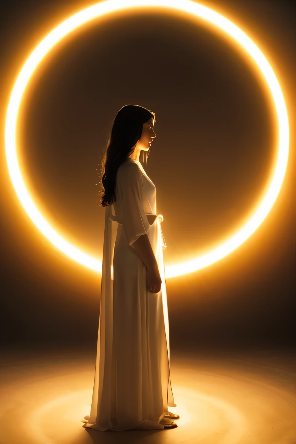 Create an ethereal and mystical image of a young woman standing in profile against a glowing, halo-like circle of light. She should be dressed in flowing, translucent robes that give a sense of motion and grace. The background should be minimalistic, enhancing the divine and serene atmosphere, with warm, golden tones and soft lighting.