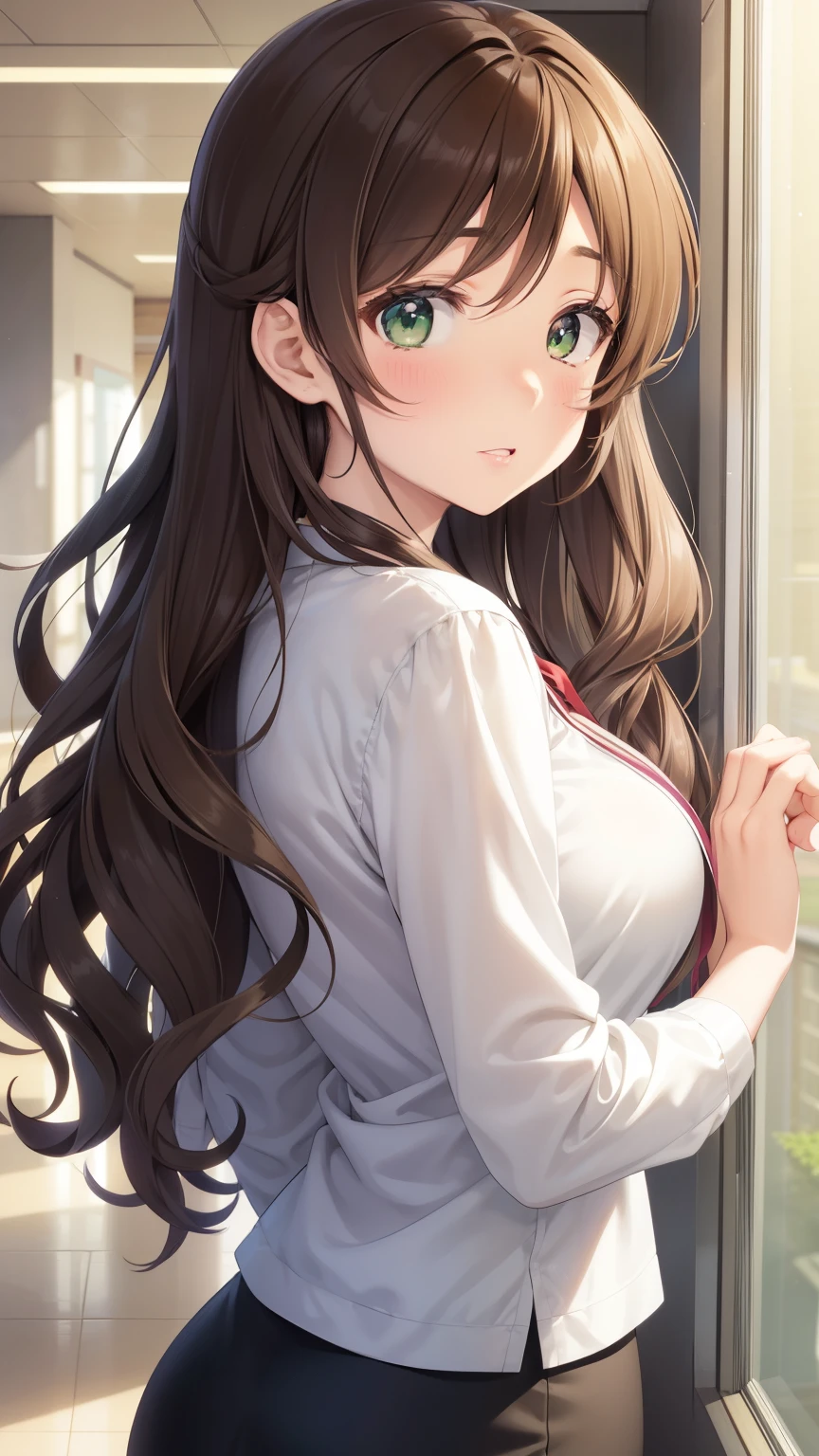Anime girl with long brown hair and green eyes standing in front of a ...