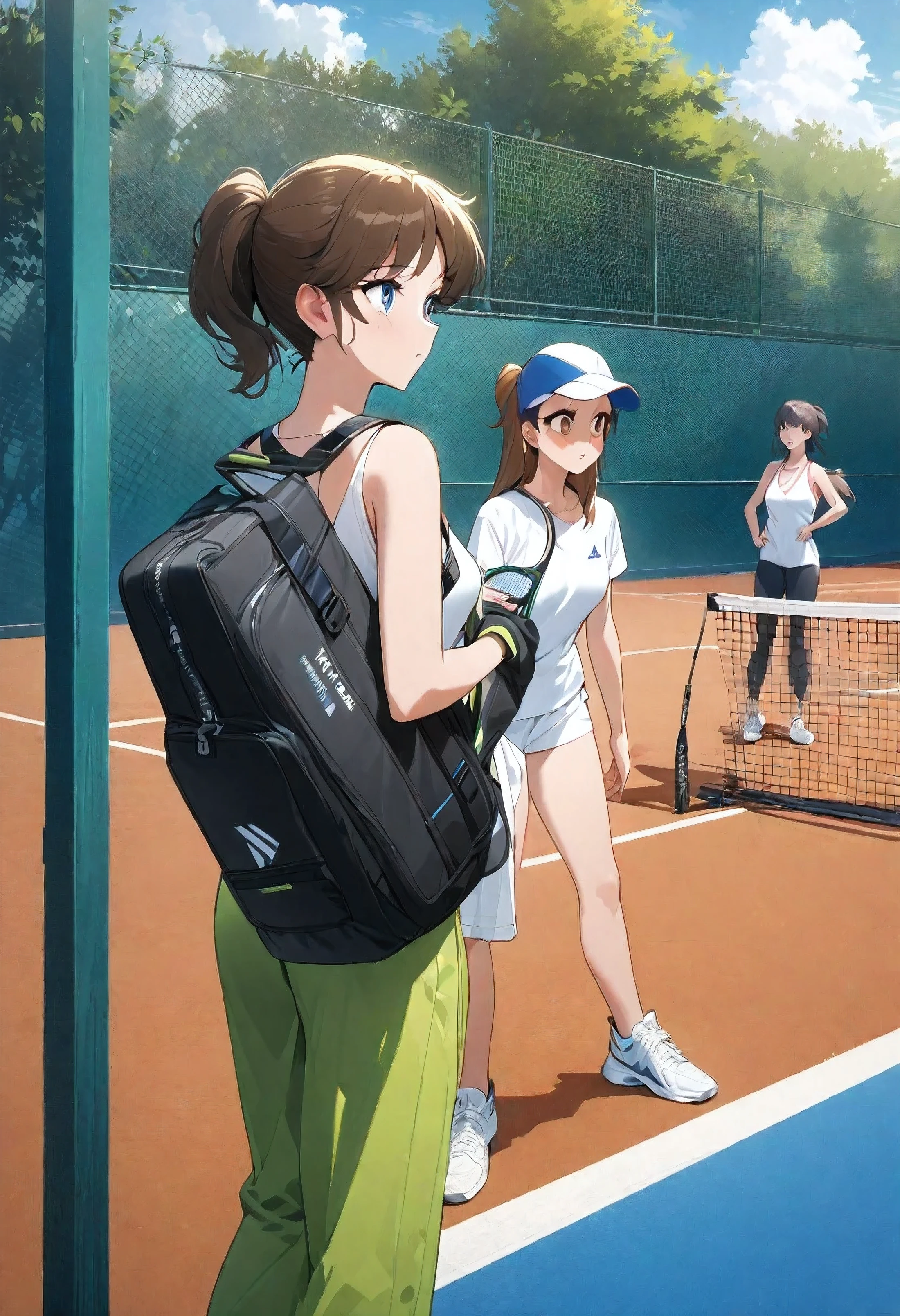 Absurd, High resolution, Super detailed, High resolution, masterpiece, highest quality, Highly detailed face and eyes, a woman in tennis gear on court looking over her tennis bag to check her items are there, sneakers, shoes, outdoors, brown hair, pants, fence, multiple girls