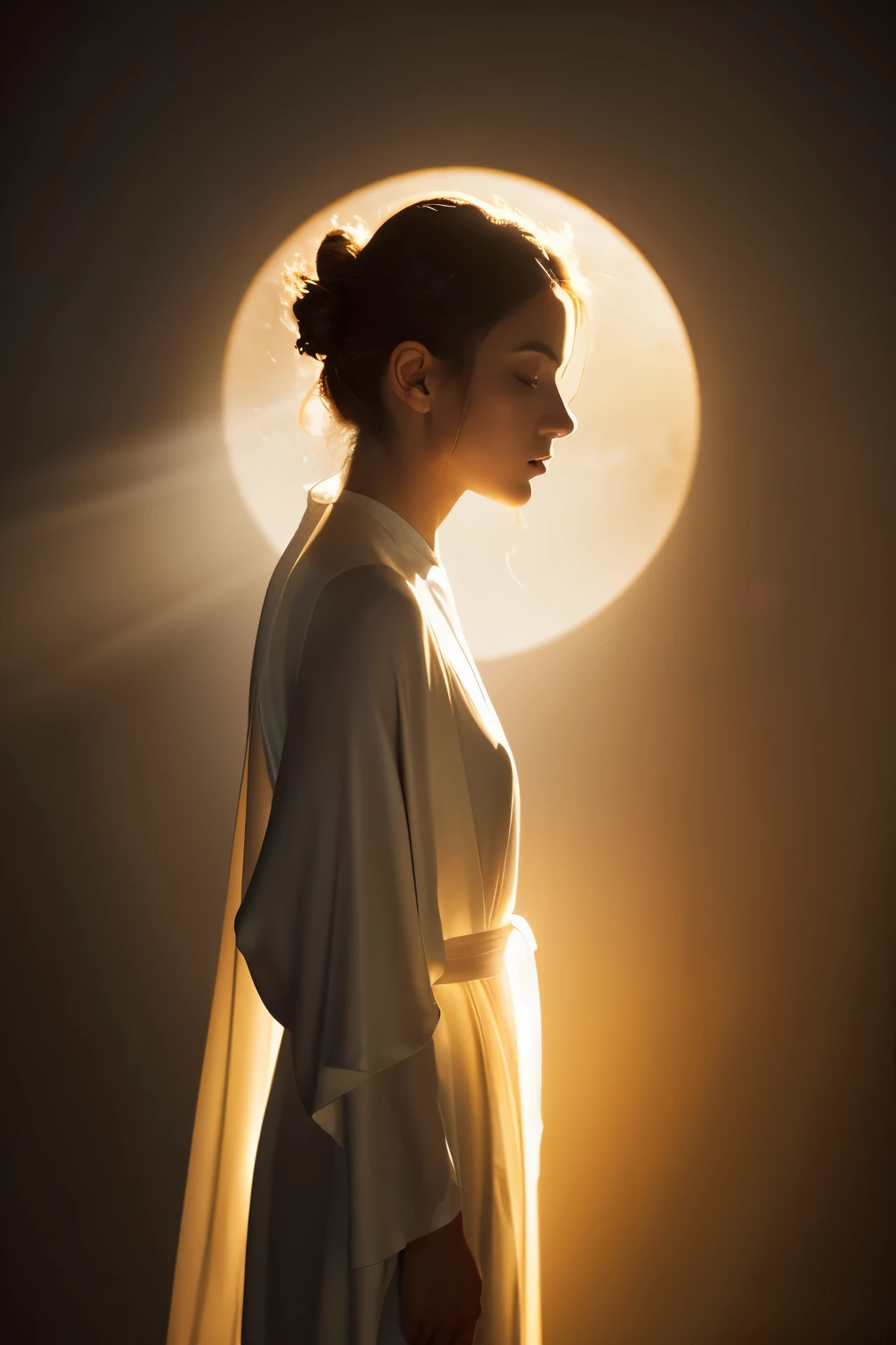 Create an ethereal and mystical image of a young woman standing in profile against a glowing, halo-like circle of light. She should be dressed in flowing, translucent robes that give a sense of motion and grace. The background should be minimalistic, enhancing the divine and serene atmosphere, with warm, golden tones and soft lighting.