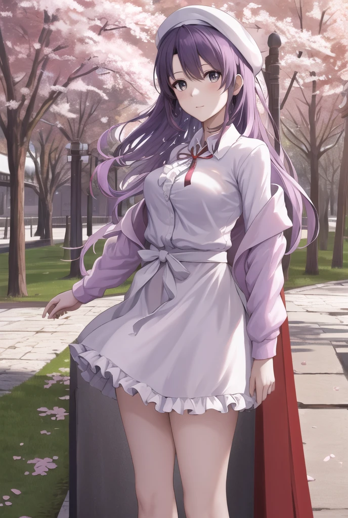 masterpiece, best quality, highres, hmkm1, long purple hair, white headwear, beret, red cardigan, white dress, frills, ribbon, long sleeves, open clothes, medium breasts, cowboy shot, standing, cherry blossoms, outdoors