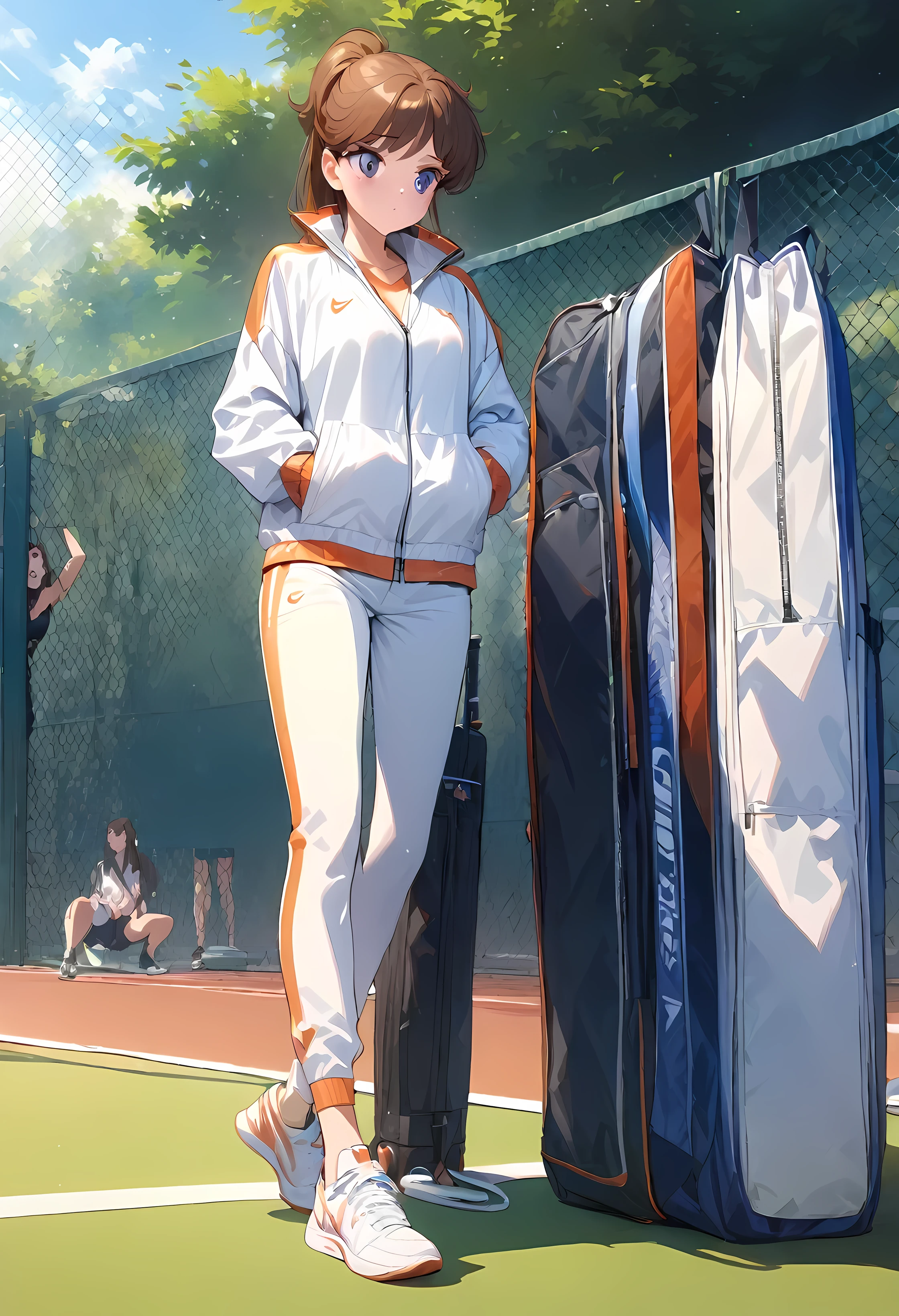 Absurd, High resolution, Super detailed, High resolution, masterpiece, highest quality, Highly detailed face and eyes, a woman in tennis gear on court looking over her tennis bag to check her items are there, sneakers, shoes, outdoors, brown hair, pants, fence, multiple girls