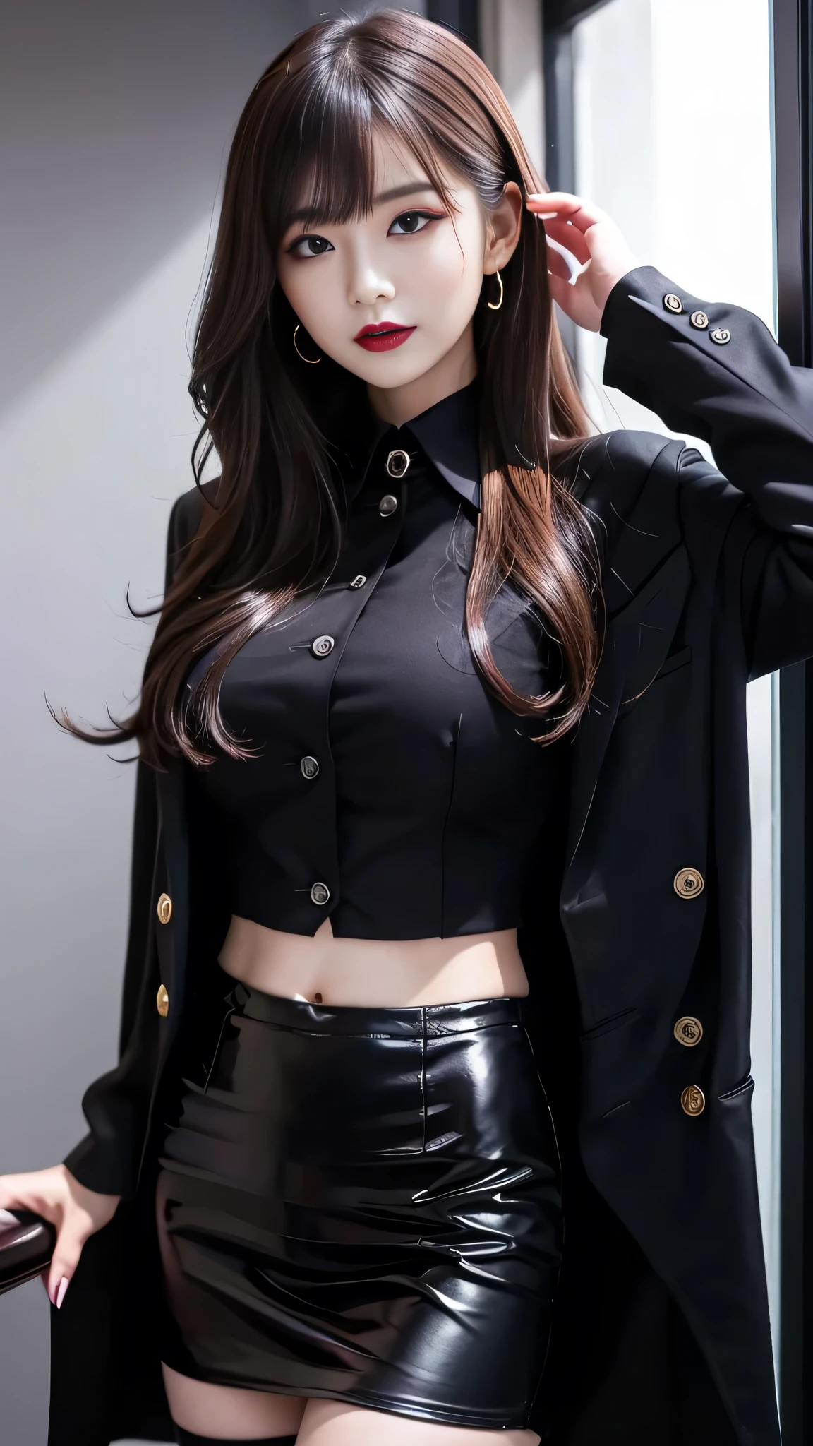 best quality、ultra-detailed、4k、Japanese、Seductive beauty、seductive adult woman、Pretty Woman、cool girl、Villainess、Brainwashed、brainwash、Fallen into evil、smirk、Evil look、Wicked Smile、evil、Brown hair、wavy hair、swept bangs、dark makeup、dark makeup、piercing eyes、hollow eyes,half-closed eyes、Hollow Eyes、purple Eyeshadow、black lipstick、black lipglos、office staff suit、suit、Jacket、Black sleeves、White Shirt、Black Ribbon、Tight Skirt、pantyhose、night、inside darkroom、Are standing、shoot from below、Have lipstick、Emblem of Evil、Crest of Darkness、Swear allegiance、I have pledged my allegiance、Dye black、Blackening、Stained with evil、Dyed in darkness、Seduce