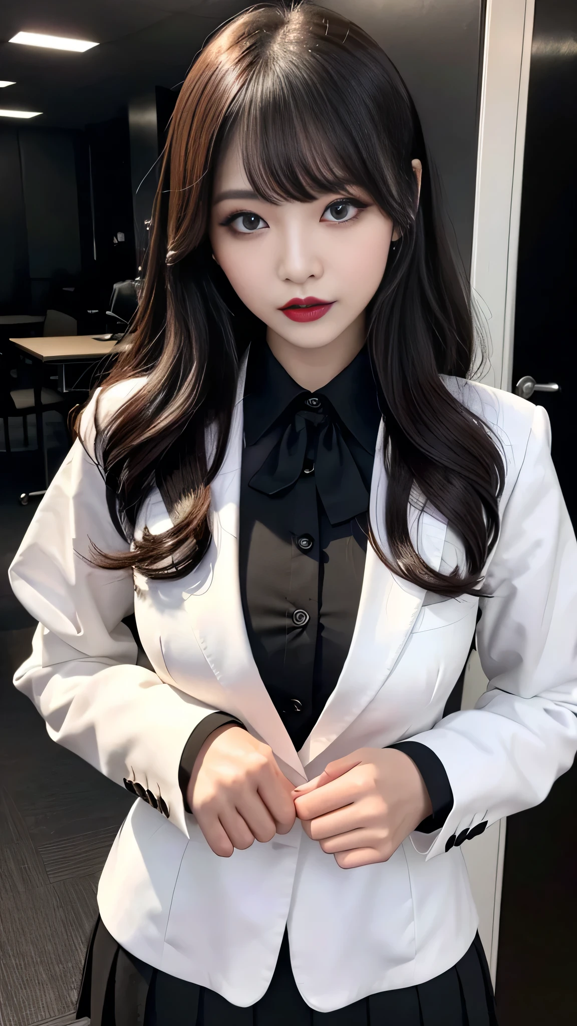 best quality、ultra-detailed、4k、Japanese、Seductive beauty、seductive adult woman、Pretty Woman、cool girl、Villainess、Brainwashed、brainwash、Fallen into evil、smirk、Evil look、Wicked Smile、evil、Brown hair、wavy hair、swept bangs、dark makeup、dark makeup、piercing eyes、hollow eyes,half-closed eyes、Hollow Eyes、purple Eyeshadow、black lipstick、black lipglos、office staff suit、suit、Jacket、Black sleeves、White Shirt、Black Ribbon、Tight Skirt、pantyhose、night、inside darkroom、Are standing、shoot from below、Have lipstick、Emblem of Evil、Crest of Darkness、Swear allegiance、I have pledged my allegiance、Dye black、Blackening、Stained with evil、Dyed in darkness、Seduce