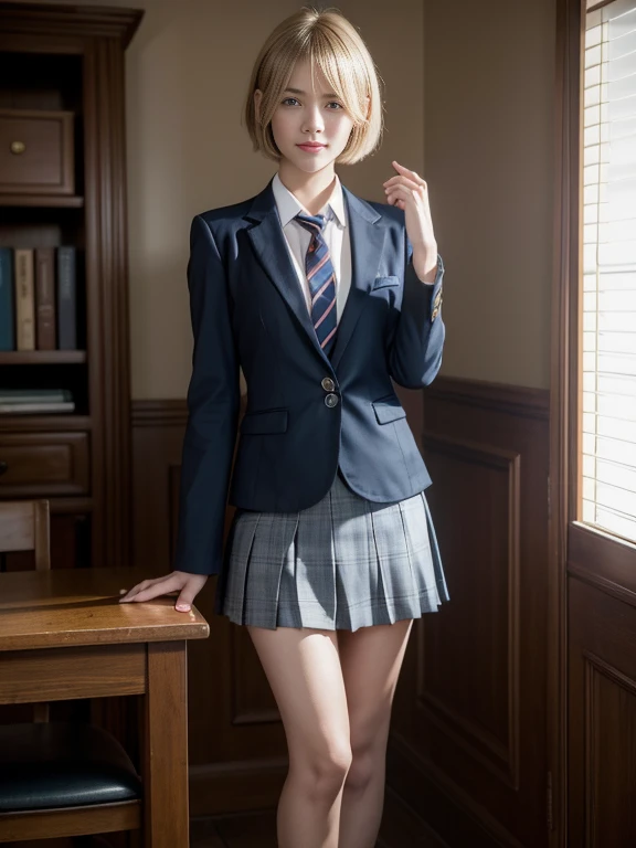 8K,Masterpiece,One woman,Smile,30 years old,blue eyes,Blonde Hair,Short Bob Hair,Ella Freya, a beautiful Dutch YouTuber（Ella Freya),「Resident Evil RE:4」Ashley, the heroine of,(Dark brown blazer,School uniform),Checkered pleated mini skirt,ミニスカート,