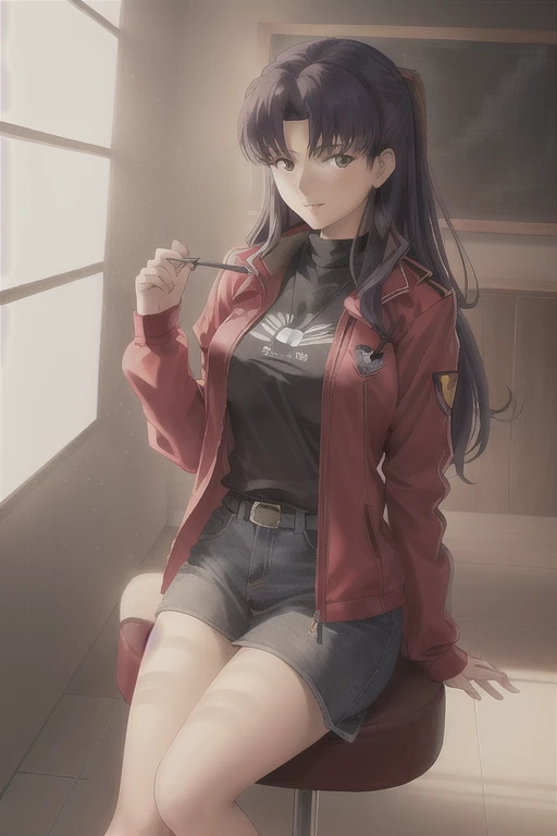 Katsuragi_Misato, 
1 chica, solo, purple_cabello, largo_cabello, Katsuragi_Misato, pencil_falda, falda, chaqueta, Rojo_chaqueta,
alto detalle,cinematic light, Detalle intrincado,high resolution, alto detalle,detallado,mejor calidad,