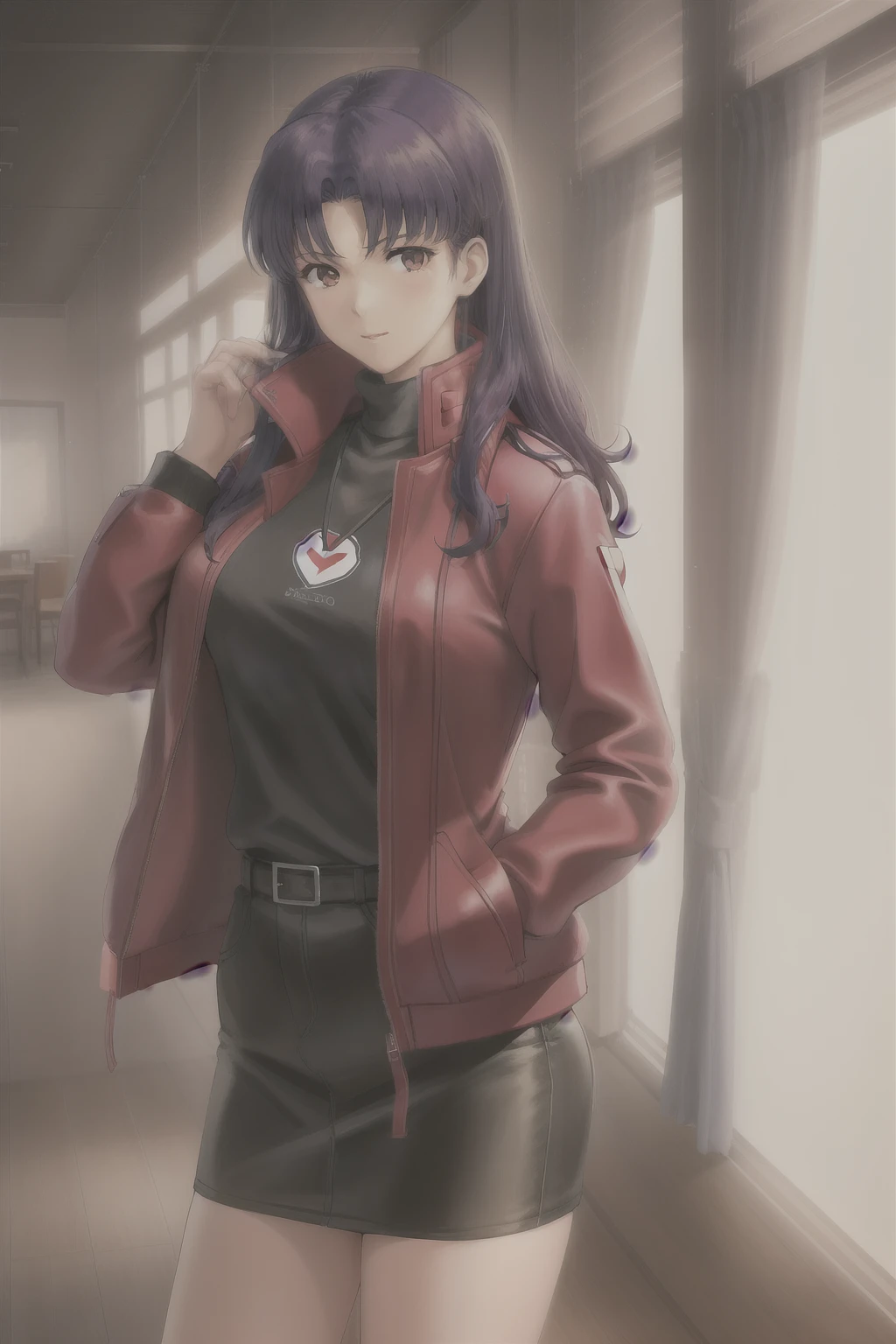 Katsuragi_Misato, 
1 chica, solo, purple_cabello, largo_cabello, Katsuragi_Misato, pencil_falda, falda, chaqueta, Rojo_chaqueta,
alto detalle,cinematic light, Detalle intrincado,high resolution, alto detalle,detallado,mejor calidad,