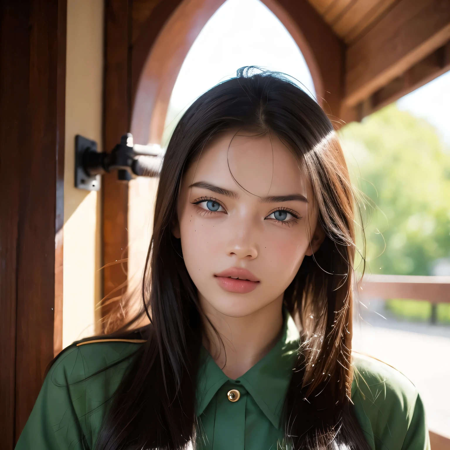[Zoom on Face] [[close mouth]] [don't show tooths) 20yo russian version of Adriana Lima, little freckle, not smile, green eyes