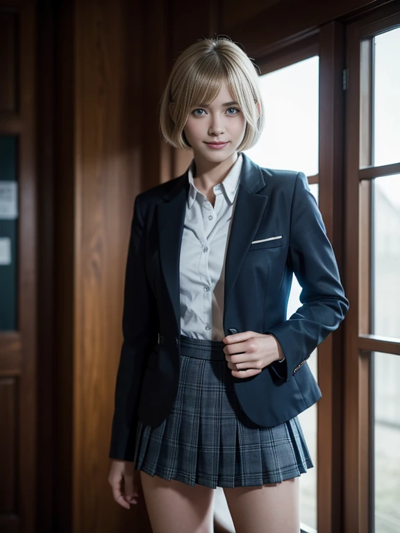 8K,Masterpiece,One woman,Smile,30 years old,blue eyes,Blonde Hair,Short Bob Hair,Ella Freya, a beautiful Dutch YouTuber（Ella Freya),「Resident Evil RE:4」Ashley, the heroine of,(Dark brown blazer,School uniform),Checkered pleated mini skirt,ミニスカート,