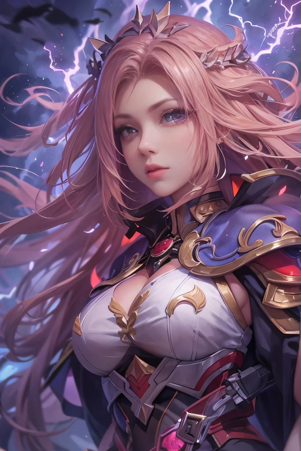 Zerg Queen Beautiful Girl: Ranlinger, 18 years old, Messy Hair, oil, Romanticism painting, 美しいPerfect Face, Soft Skin、Perfect Face, Big Breasts, Add light purple and purple, Add Light Red, Intricate details, Splash screen, 8K resolution, masterpiece, Cute Face, mysterious magic circle background , Geometric mural, Colorful background, Break, Blonde, Strong winds, lightning,