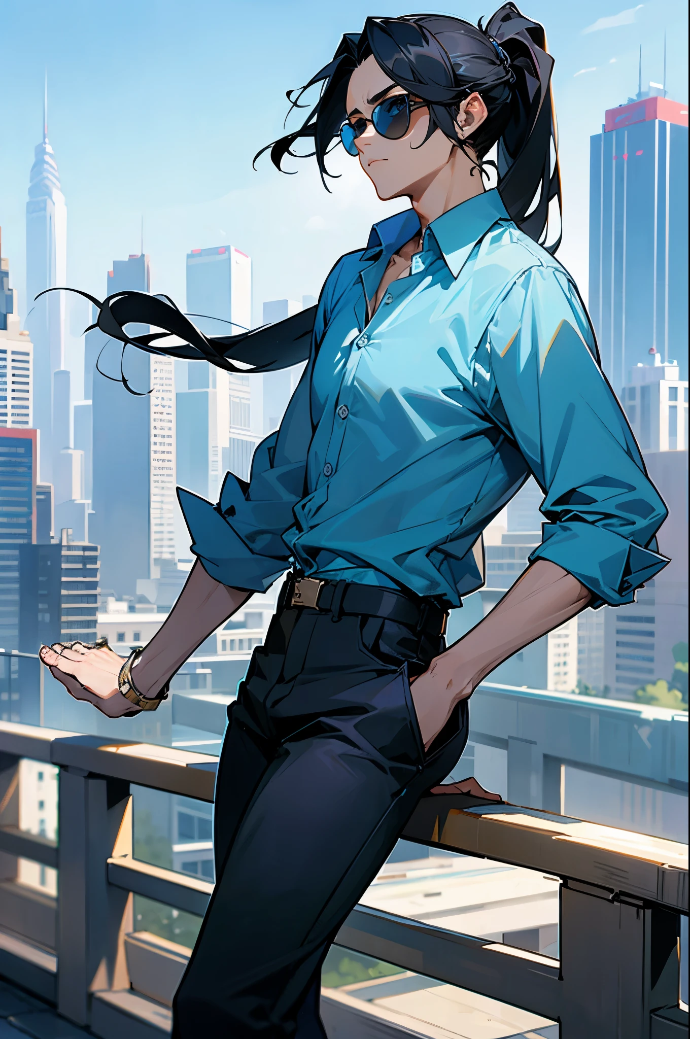 1male, Adult, Black Hair, Long Ponytail, Sandals, Blue Eyes, City Background, Blue Unbuttoned Shirt, Long Shorts, Sunglasses, Lax expression