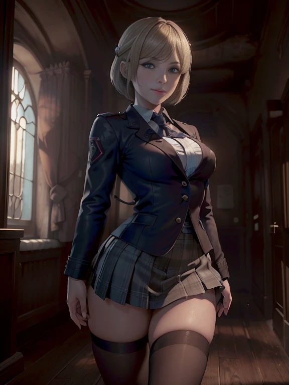 8K,Masterpiece,One woman,Smile,30 years old,blue eyes,Blonde Hair,Short Bob Hair,Ella Freya, a beautiful Dutch YouTuber(Ella Freya),「Resident Evil RE:4」Ashley, the e of,(Dark brown blazer,School uniform),Checkered pleated mini skirt,ミニスカート,