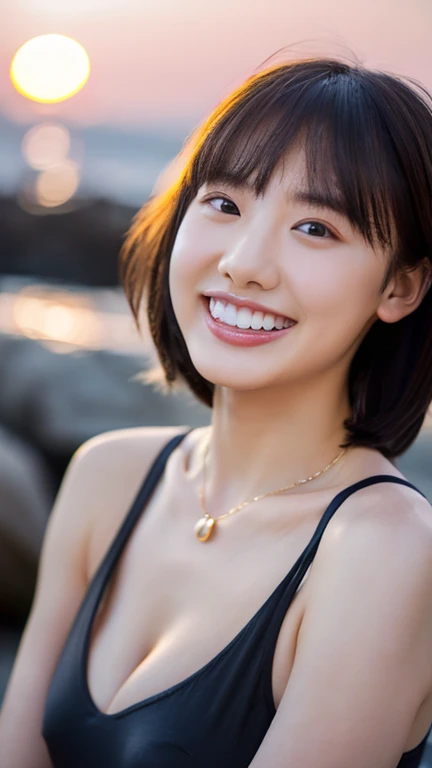 (highest quality、8k、32k、masterpiece、Hmph:1.2)、Cute Japanese Women Photoid-breasted、Wolf Cut Hair、Brown hair shorthair,whole bodyショット、(Swimsuit with vinyl straps、I can see her cleavage、necklace、From above、whole body),Looking at the audience、Very delicate face, Skin and Hair,Muscular,Slender,High Style,high resolution、Sunset on the coastline、Kind eyes、(Large Breasts)、White teeth、Moisturized lips、looking at the camera、Canon Camera