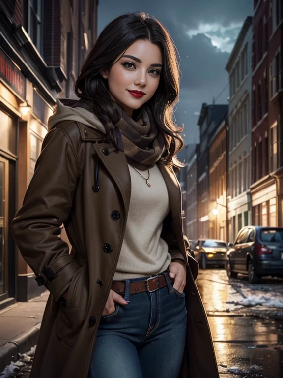 (masterpiece:1.0)、(highest quality:1.2)、(Dark Shot:1.3)、Classic Rogue、1991 Rogue X-Men、1 girl、Only one person、Head to Toe、standing on street corner、Elegant pose、(clothing: Brown winter coat、Brown hood、Down lining、White scarf、gloves、jeans) Medium Hair、Brown Hair、Wavy Hair、1 grey hair、Green Eyeischievous look、Grin、Spread your lips、Red lipstick、Heavy makeup、Confident expression、Backlight、(realism: 1.5)、(realism: 1.4)、(Messy: 1.4)、8k、Very detailed、Detailed beautiful woman、(background: midnight、It's snowing、Downtown New York、Snowy Night)、Official Art、Very detailedな CG Unity 8k 壁紙、Perfect lighting、colorful、超High resolution、photograph、8k、High resolution、Kodak Portrait 400、Film Grain、ぼやけたbackground、(Bokeh:1.2)、(Bright colors:1.2)、Film Grain:1.2、(warm color、warm colorトーン:1.2)、(カラーphotograph)、プロのphotograph、Kat Dennings
