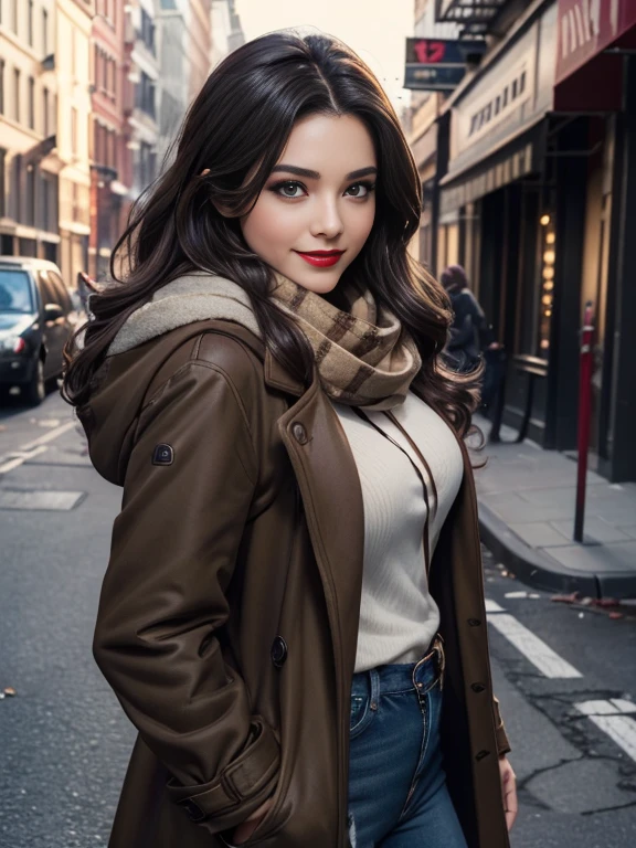 (masterpiece:1.0)、(highest quality:1.2)、(Dark Shot:1.3)、Classic Rogue、1991 Rogue X-Men、1 girl、Only one person、Head to Toe、standing on street corner、Elegant pose、(clothing: Brown winter coat、Brown hood、Down lining、White scarf、gloves、jeans) Medium Hair、Brown Hair、Wavy Hair、1 grey hair、Green Eyeischievous look、Grin、Spread your lips、Red lipstick、Heavy makeup、Confident expression、Backlight、(realism: 1.5)、(realism: 1.4)、(Messy: 1.4)、8k、Very detailed、Detailed beautiful woman、(background: midnight、It's snowing、Downtown New York、Snowy Night)、Official Art、Very detailedな CG Unity 8k 壁紙、Perfect lighting、colorful、超High resolution、photograph、8k、High resolution、Kodak Portrait 400、Film Grain、ぼやけたbackground、(Bokeh:1.2)、(Bright colors:1.2)、Film Grain:1.2、(warm color、warm colorトーン:1.2)、(カラーphotograph)、プロのphotograph、Kat Dennings