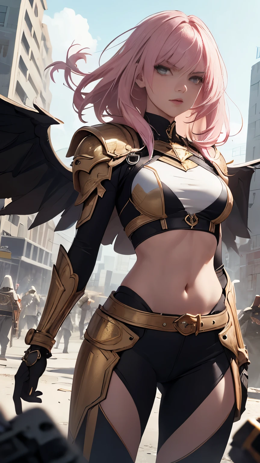 (Highly quality, masterpiece, detailed), Destroyed city detailed scenario, destroyed city detailed background, 20 years old girl, solo, angry, hero suit, straight hair, white and pink hair, Gold belt, gold wristband, Gold Shoulder pad, gold breast plates, 1girl, pink wings, crop top, Abdomen, Navel, beautiful eyes, perfect eyes, looking at the viewer, Sexy pose