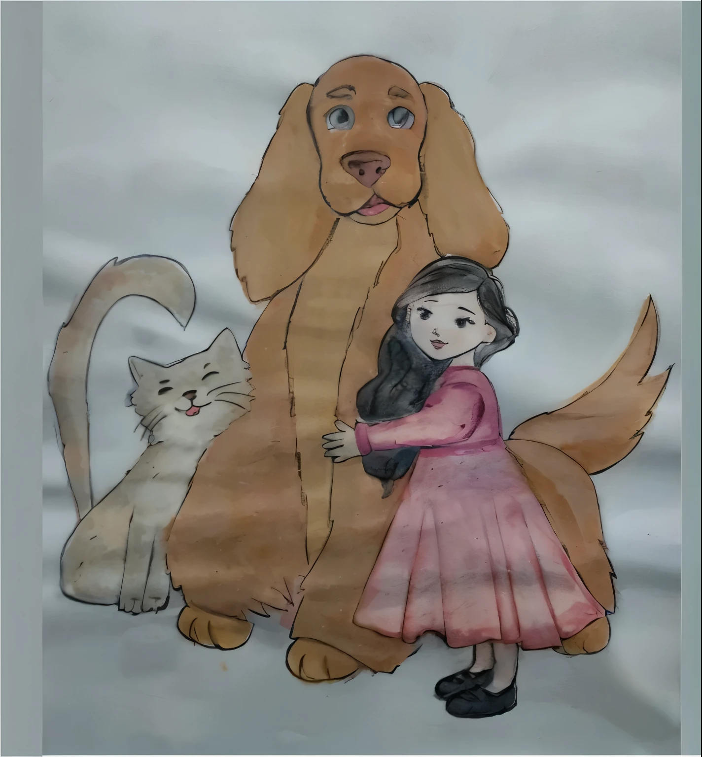 desenho de uma sorrindo vestido rosa e cabelos negros, hugging an English Cocker Spaniel dog and a cat , watercolored, pastel artwork, colored sketch, colorized pencil sketch