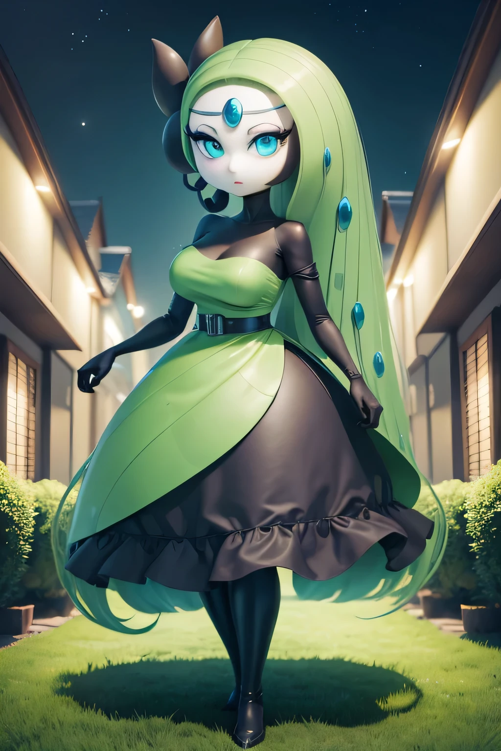 (best quality, 4k, 8k, high resolution, masterpiece: 1.2), (ultra detailed), (anime style), 1girl, meloetta, pokemon \(creature\), mobface, blue eyes, chibi, :D, full body, black dress, green waist, (garden at night), (mystical glow all around), portraits, anime, sharp focus, vivid colors, HDR, standing, full body, standing