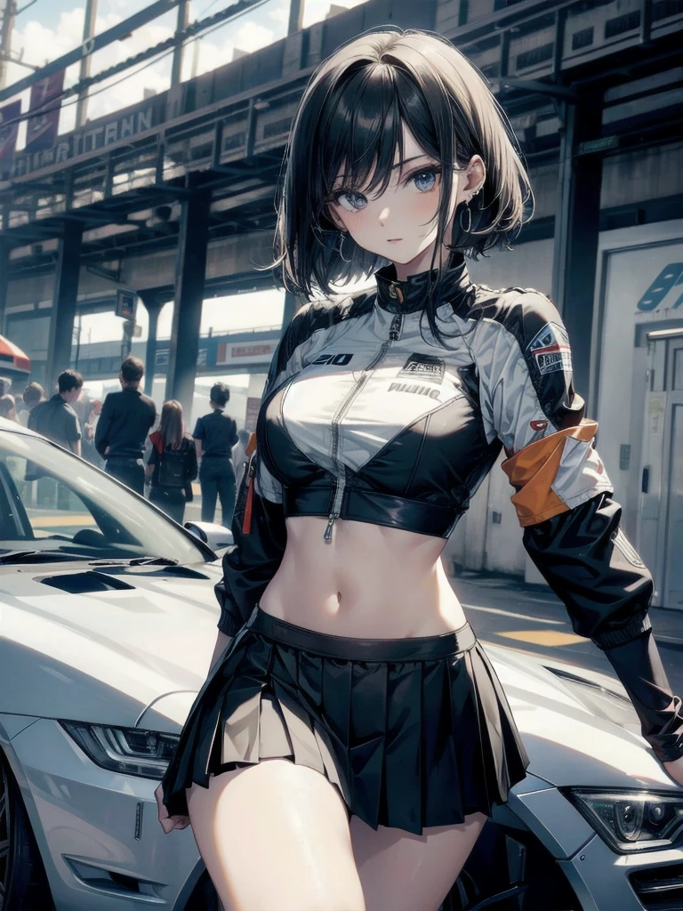 racing car, Promotion Girl, Detailed promotional costumes, cropped tops, Short jacket, Tube Top Bra, Nylon short sleeve jacket, Knee Length Glitter Nylon Pleated Skirt, Asymmetrical nylon pleated skirt, absurdres, RAW photo, extremely delicate and beautiful, masterpiece, Best Quality, ultra high resolution, 32k, hyperrealistic, ultra-detailed, detailed description, pale skin, 20 years old, tearful mole, earring, short medium hair, wavy hair, whole body shot,