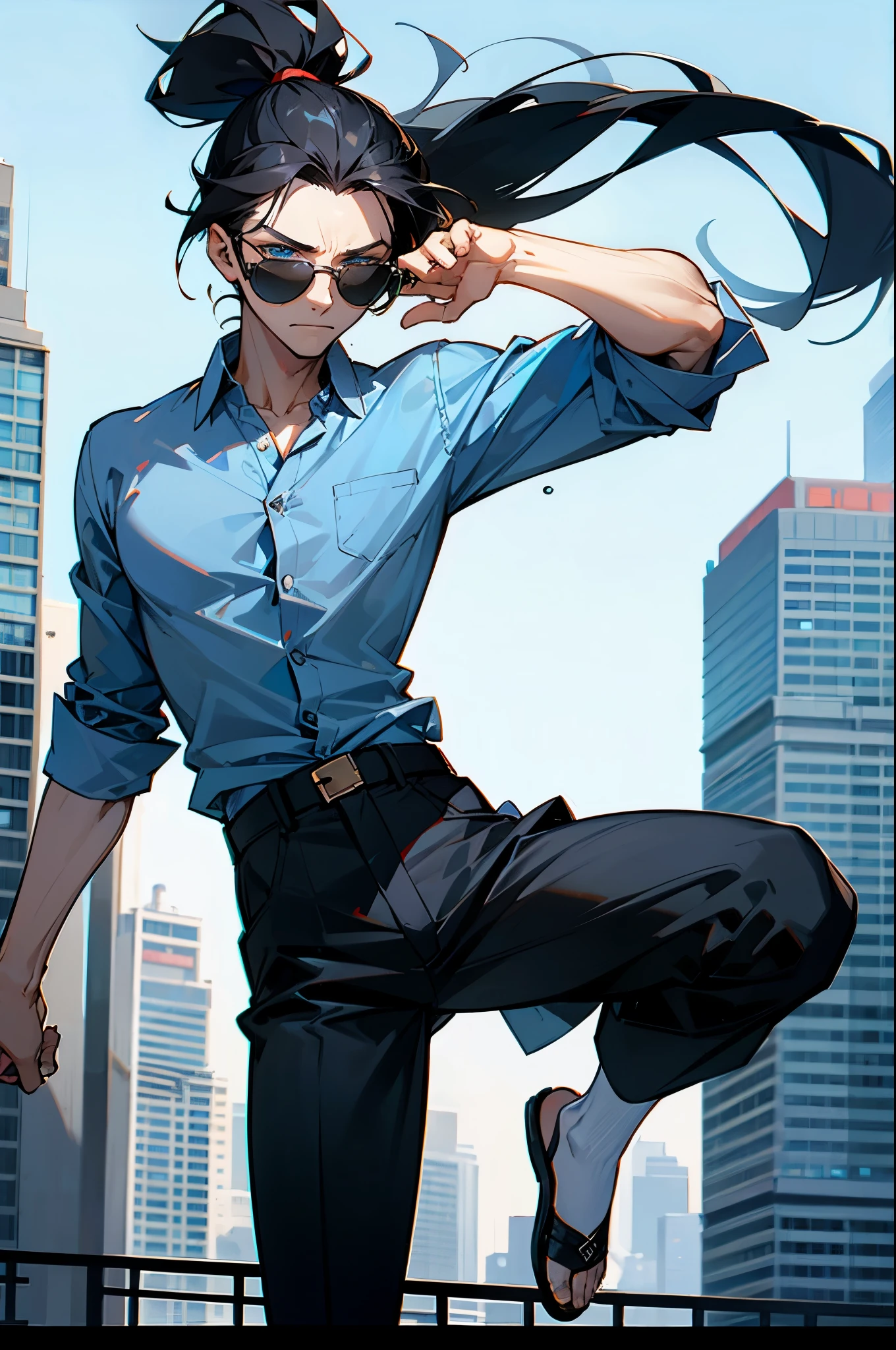 1male, Adult, Black Hair, Long Ponytail, Sandals, Blue Eyes, City Background, Blue button Up Shirt, Black Pants, Sunglasses, Lax expression