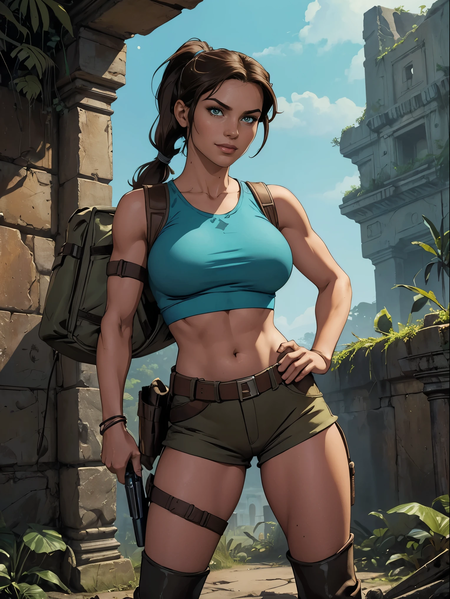 (masterpiece, top quality, best quality, official art, beautiful and aesthetic:1.2), (1girl:1.3), brown hair, ponytail, extremely detailed, portrait, looking at viewer, solo, (full body:0.6), detailed background, close up, mischievous eyes, (cool Incan ruins theme:1.1), pleasant smile, brunette, aquiline nose, green eyes, ponytail, ((gigantic breasts)), (thin), athletic, Lara Croft. Wearing a sleek light blue sleeveless top, brown shorts, boots, shoulder harness, backpack, holsters, utility belt, slim waist, slim hips, long legs, ancient (jungle ruins exterior:1.1) detailed background, bright optimistic lighting, shadows, magical atmosphere, dutch angle