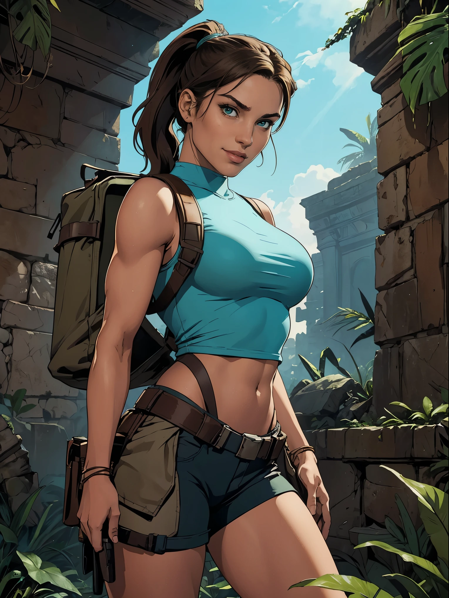 (masterpiece, top quality, best quality, official art, beautiful and aesthetic:1.2), (1girl:1.3), brown hair, ponytail, extremely detailed, portrait, looking at viewer, solo, (full body:0.6), detailed background, close up, mischievous eyes, (cool Incan ruins theme:1.1), pleasant smile, brunette, aquiline nose, green eyes, ponytail, ((gigantic breasts)), (thin), athletic, Lara Croft. Wearing a sleek light blue sleeveless top, brown shorts, boots, shoulder harness, backpack, holsters, utility belt, slim waist, slim hips, long legs, ancient (jungle ruins exterior:1.1) detailed background, bright optimistic lighting, shadows, magical atmosphere, dutch angle