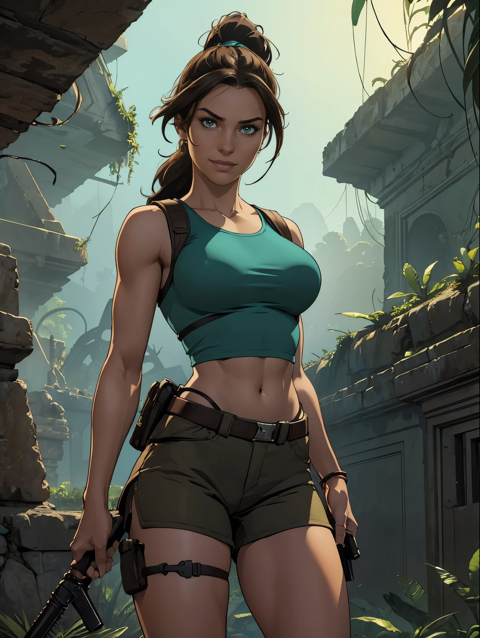 (masterpiece, top quality, best quality, official art, beautiful and aesthetic:1.2), (1girl:1.3), brown hair, ponytail, extremely detailed, portrait, looking at viewer, solo, (full body:0.6), detailed background, close up, mischievous eyes, (cool Incan ruins theme:1.1), pleasant smile, brunette, aquiline nose, green eyes, ponytail, ((gigantic breasts)), (thin), athletic, Lara Croft. Wearing a sleek light blue sleeveless top, brown shorts, boots, shoulder harness, backpack, holsters, utility belt, slim waist, slim hips, long legs, ancient (jungle ruins exterior:1.1) detailed background, bright optimistic lighting, shadows, magical atmosphere, dutch angle