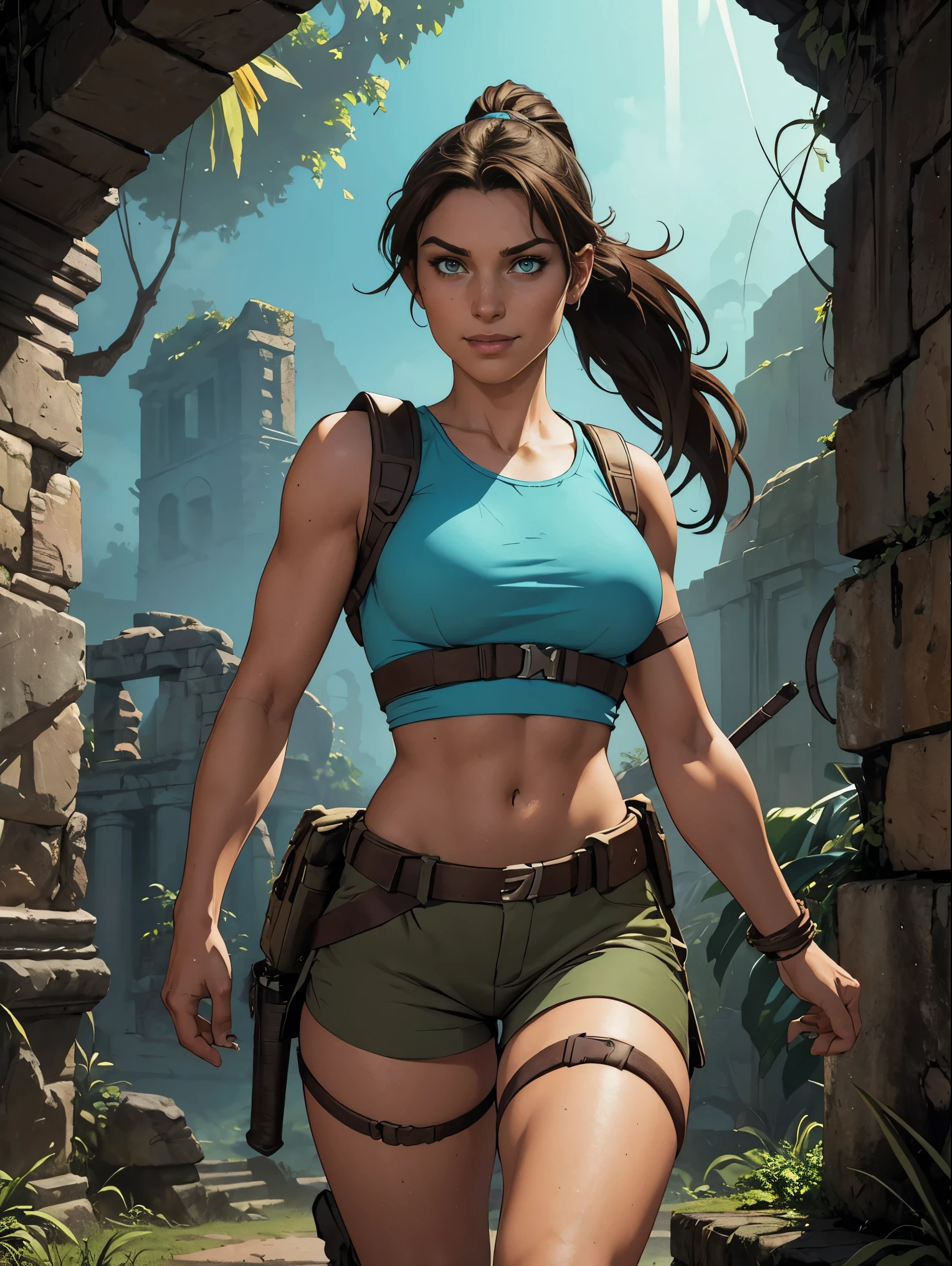 (masterpiece, top quality, best quality, official art, beautiful and aesthetic:1.2), (1girl:1.3), brown hair, ponytail, extremely detailed, portrait, looking at viewer, solo, (full body:0.6), detailed background, close up, mischievous eyes, (cool Incan ruins theme:1.1), pleasant smile, brunette, aquiline nose, green eyes, ponytail, ((gigantic breasts)), (thin), athletic, Lara Croft. Wearing a sleek light blue sleeveless top, brown shorts, boots, shoulder harness, backpack, holsters, utility belt, slim waist, slim hips, long legs, ancient (jungle ruins exterior:1.1) detailed background, bright optimistic lighting, shadows, magical atmosphere, dutch angle