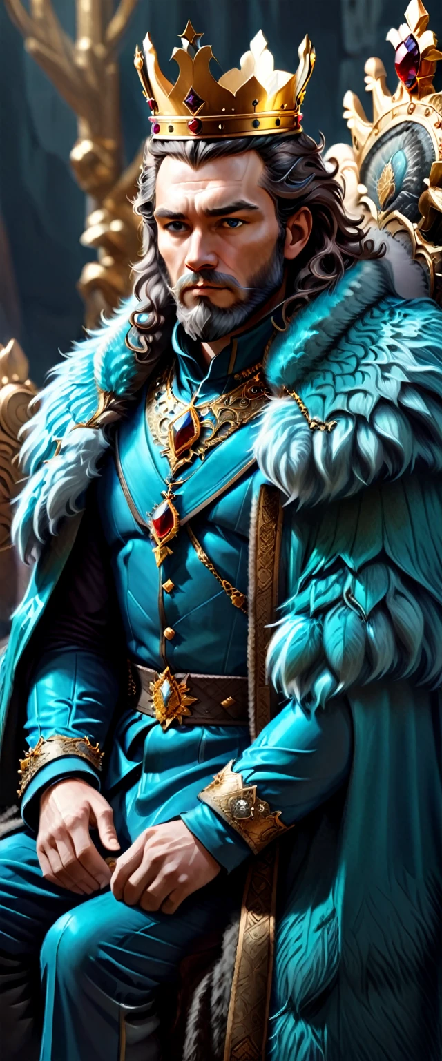 a man of about 45 sits on the throne thoughtfully and looks at the viewer with anxiety and pride,Spectator in front of a Man, he is the king of the northern state, medium beard dark copper color ,started to turn gray ,medium curls hidden under a fur coat, Huge Fur coat with long BLACK fur, huge medallion symbol of power, throne in the background, he looks at the viewer with command and warning, a soulful and frightening look, his hands are relaxed, torso pushed forward,the golden crown is all decorated with jasper jewelry,mica, turquoise, and rubies, The fur coat almost hides his face, soft shadows, Hyperrealistic, Photorealism, FullHD ,2K, light from the viewer's side from the fire in the castle, northern scandinavian castle, thick eyebrows, fat man, but not fat, On the fingers of the ring,rings,Northern Kingdom,Scandinavia, Nordling, northern king,large semi covered, Coffee eyes, small mouth, massive forehead, straight nose narrow,Massive jaw,wide cheekbones,Black Wool Coat,Dima Apanaev face,coffee eyes stone castle cold,