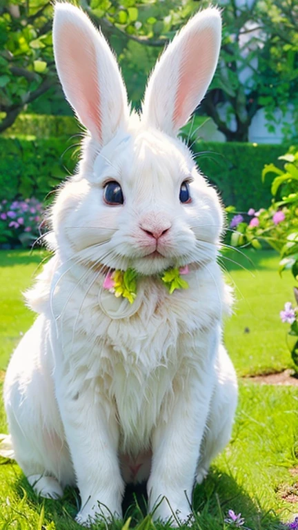 (Realistic,photorealistic:1.37), vivid colors, sharp focus, ultra-detailed, HDR, UHD, masterpiece:1.2, vibrant landscape, fluffy white rabbit, beautiful blue sky, lush green grass, delicate flowers, adorable bunny, warm sunlight, joyful atmosphere, nature's beauty.