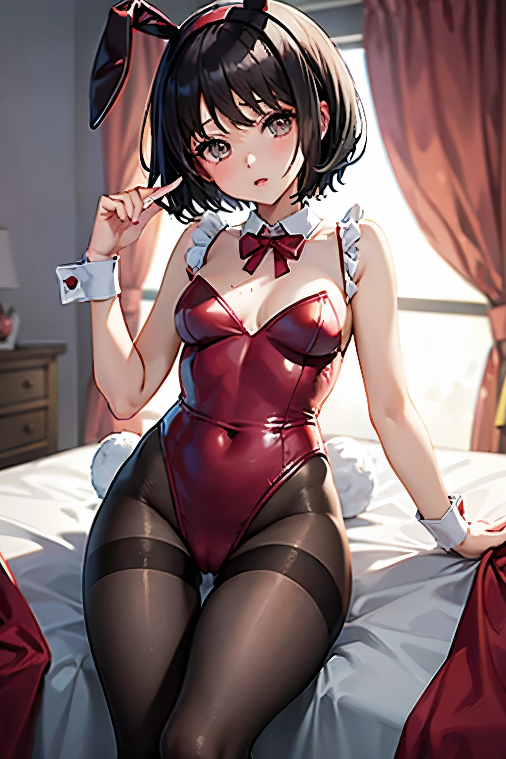 Erica、Pokémon、Black Hair、Short Hair、((pantyhose))、Photo from below、Medium chest、Bedroom、One girl、Bunny Ears、Red ribbon on head、((Bunny girl))、(leotard)、