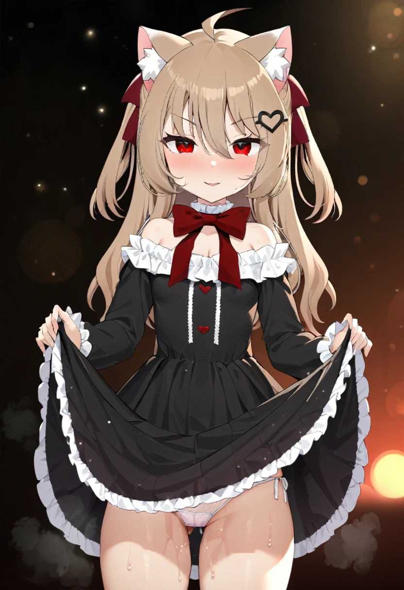 1girl, evil neuro-sama, (masterpiece, best quality), highly detailed, finely detailed, red eyes, light brown hair, ahoge, two side up, hair ribbon, dark red ribbon, heart hair ornament, black dress, frilled dress, off-shoulder dress, bare shoulders, frilled choker, long sleeves, red bow, red buttons, black heart, black socks, frilled socks, cowboy shot, blurry background, depth of field, backlight, light particles, bokeh, cat ears, clothes lift, dress lift, lifted by self, string panties, panties, panty shot, cleavage, covered nipples, see-through, skindentation, naughty face, in heat, sweat, steaming body, legs apart,