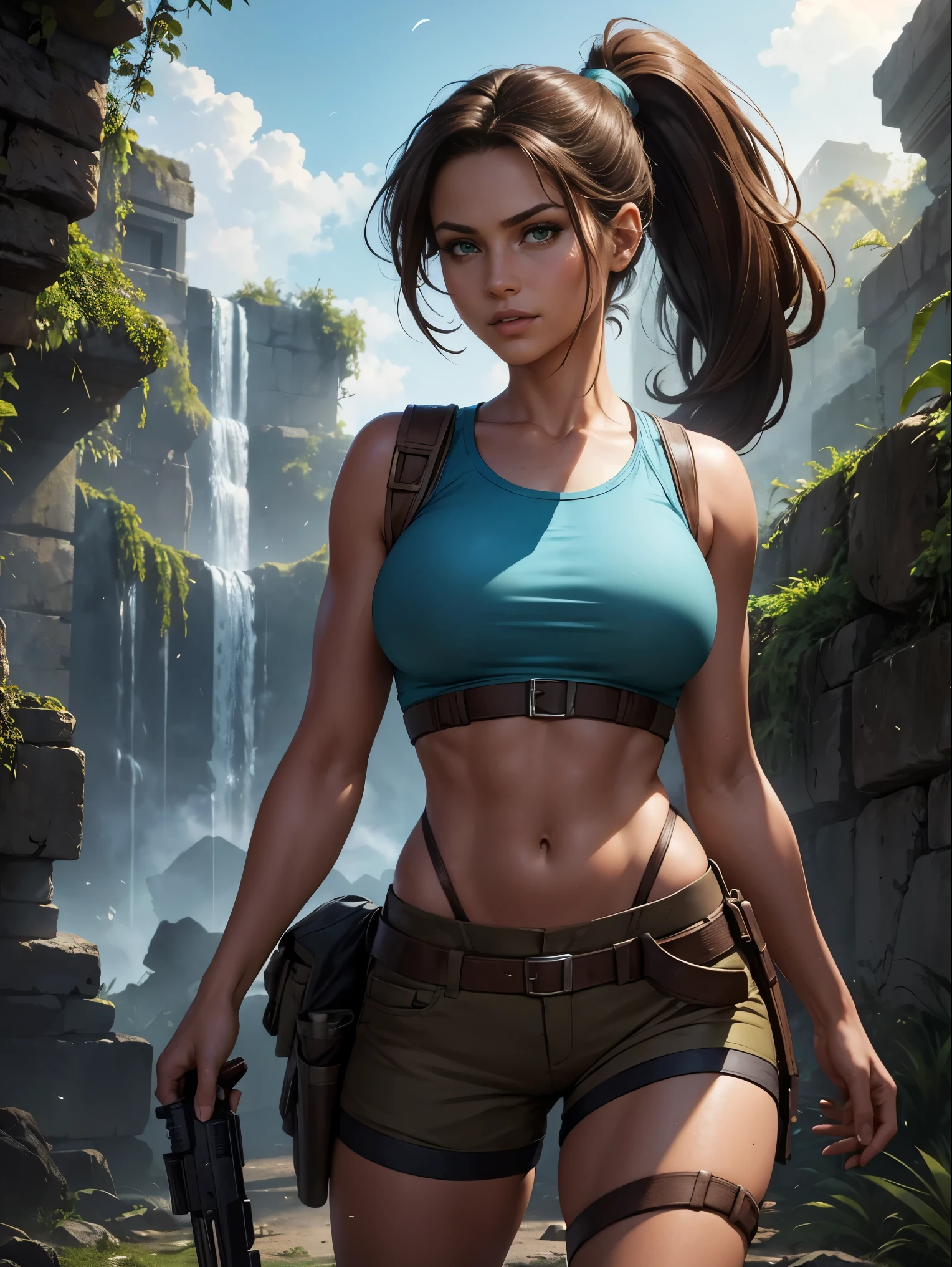 (masterpiece, top quality, best quality, official art, beautiful and aesthetic:1.2), (1girl:1.3), brown hair, ponytail, extremely detailed, portrait, looking at viewer, solo, (full body:0.6), detailed background, close up, mischievous eyes, (cool Incan ruins theme:1.1), pleasant smile, brunette, aquiline nose, green eyes, ponytail, ((gigantic breasts)), (thin), athletic, Lara Croft. Wearing a sleek light blue sleeveless top, brown shorts, boots, shoulder harness, backpack, holsters, utility belt, slim waist, slim hips, long legs, ancient (jungle ruins exterior:1.1) detailed background, bright optimistic lighting, shadows, magical atmosphere, dutch angle
