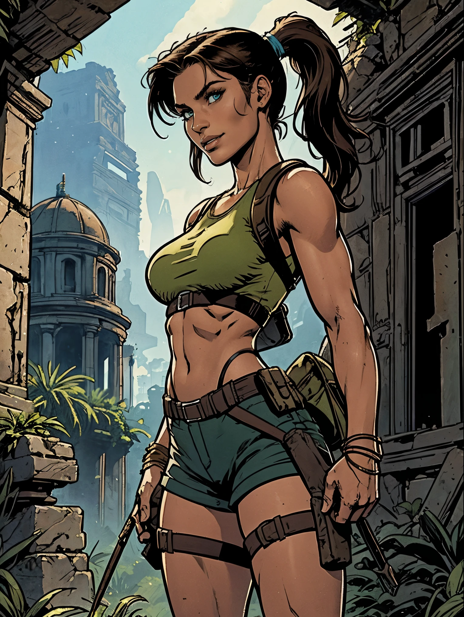 (masterpiece, top quality, best quality, official art, beautiful and aesthetic:1.2), (1girl:1.3), brown hair, ponytail, extremely detailed, portrait, looking at viewer, solo, (full body:0.6), detailed background, close up, mischievous eyes, (cool Incan ruins theme:1.1), pleasant smile, brunette, aquiline nose, green eyes, ponytail, ((gigantic breasts)), (thin), athletic, Lara Croft. Wearing a sleek light blue sleeveless top, brown shorts, boots, shoulder harness, backpack, holsters, utility belt, slim waist, slim hips, long legs, ancient (jungle ruins exterior:1.1) detailed background, bright optimistic lighting, shadows, magical atmosphere, dutch angle