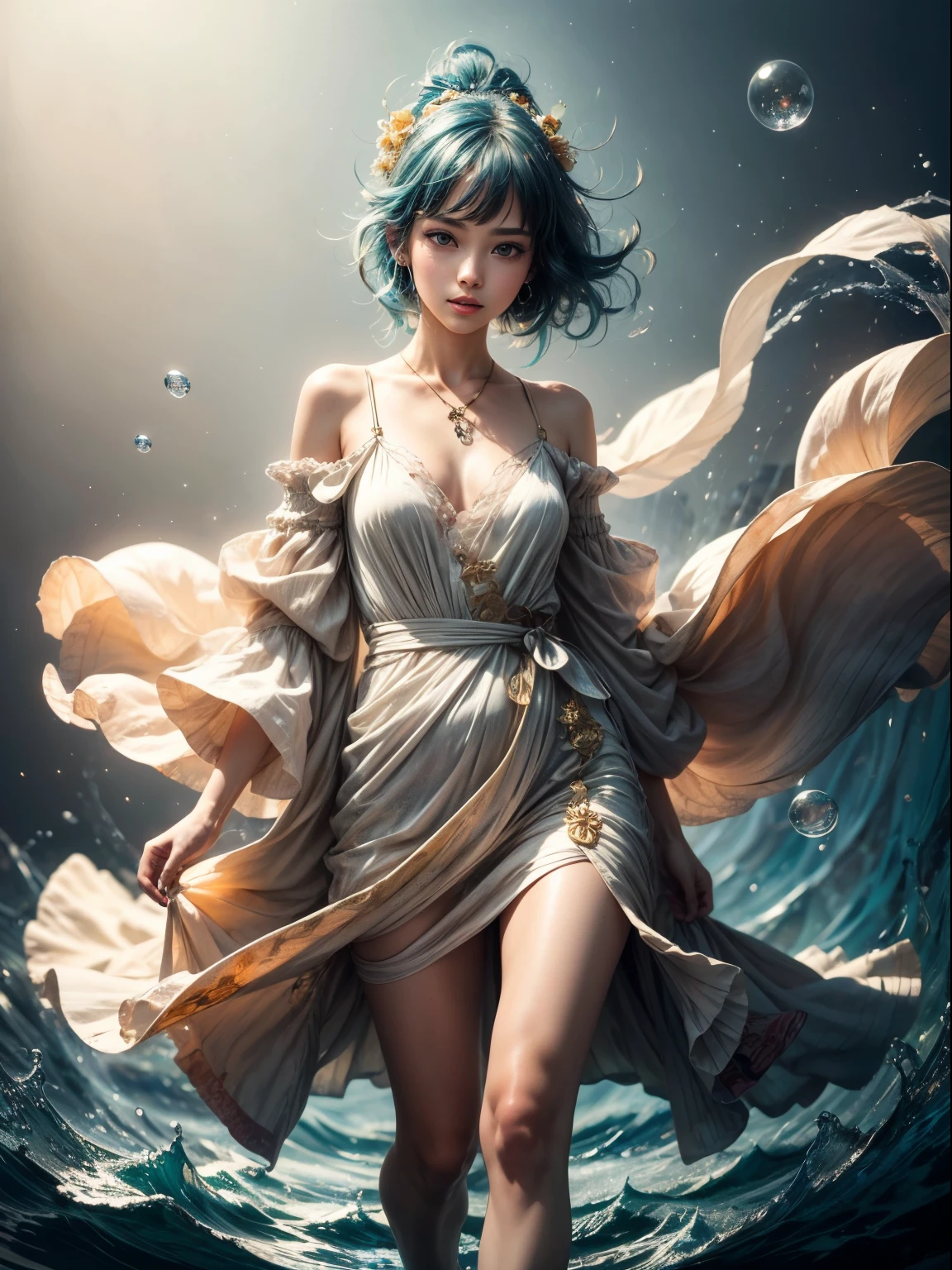 (Masterpiece), (Best Quality), (Super Detail), (disheveled Hair), (Illustration), (One Girl), (Fashionable Clothes), Standing, Fashion Model, Beholder, (Interview), (Simple Background), Finely Beautiful Eyes, Delicate Beautiful Face, Floating, (High Saturation), (Colorful Splash), Colorful Bubble, (Shine), Focus on the Face, Ponytail, Light Blue Hair, Bangs, Hair Rings, Floating Flowers, Floating Hairs, (Shining), Best Lighting, Best Shadows, include colors white orange pearl gold teal, full body camera shot,