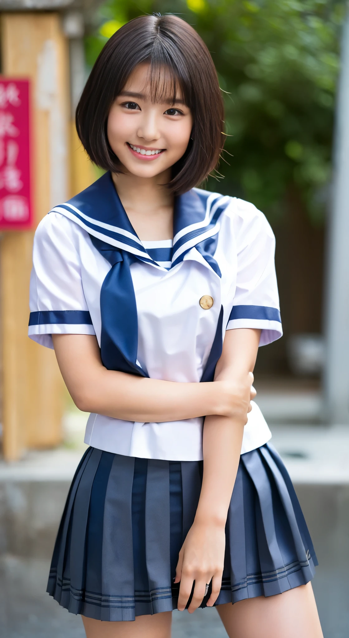 masterpiece, highest quality, Complete Anatomy、RAW Photos, Realistic、(Cute Face:1.9)、(Round face:1.9)、(Baby Face:1.6)、(Very cute smile:1.7), Black-haired、Written boundary depth, High resolution, Very detailed, Very detailed目と顔, Realistic student, Sharp focus, Cinema Lighting、(Clothing that emphasizes the bulge of the chest:1.2)、 (Large Breasts:1.8)、19-year-old female、One Woman、 (Very short hair:1.8)、 (Japanese 、school uniform:1.5)、Very detailed8k壁紙、(too short pleated skirt:2.1)、(Checkered Skirt:1.3)、(Use both hands to pull up the hem of your skirt、Showing her white panties to the camera:1.6)、(whole body:1.5)、Are standing、Angle from below、(Thigh close-up:1.8)、Written boundary depth、Background Blur