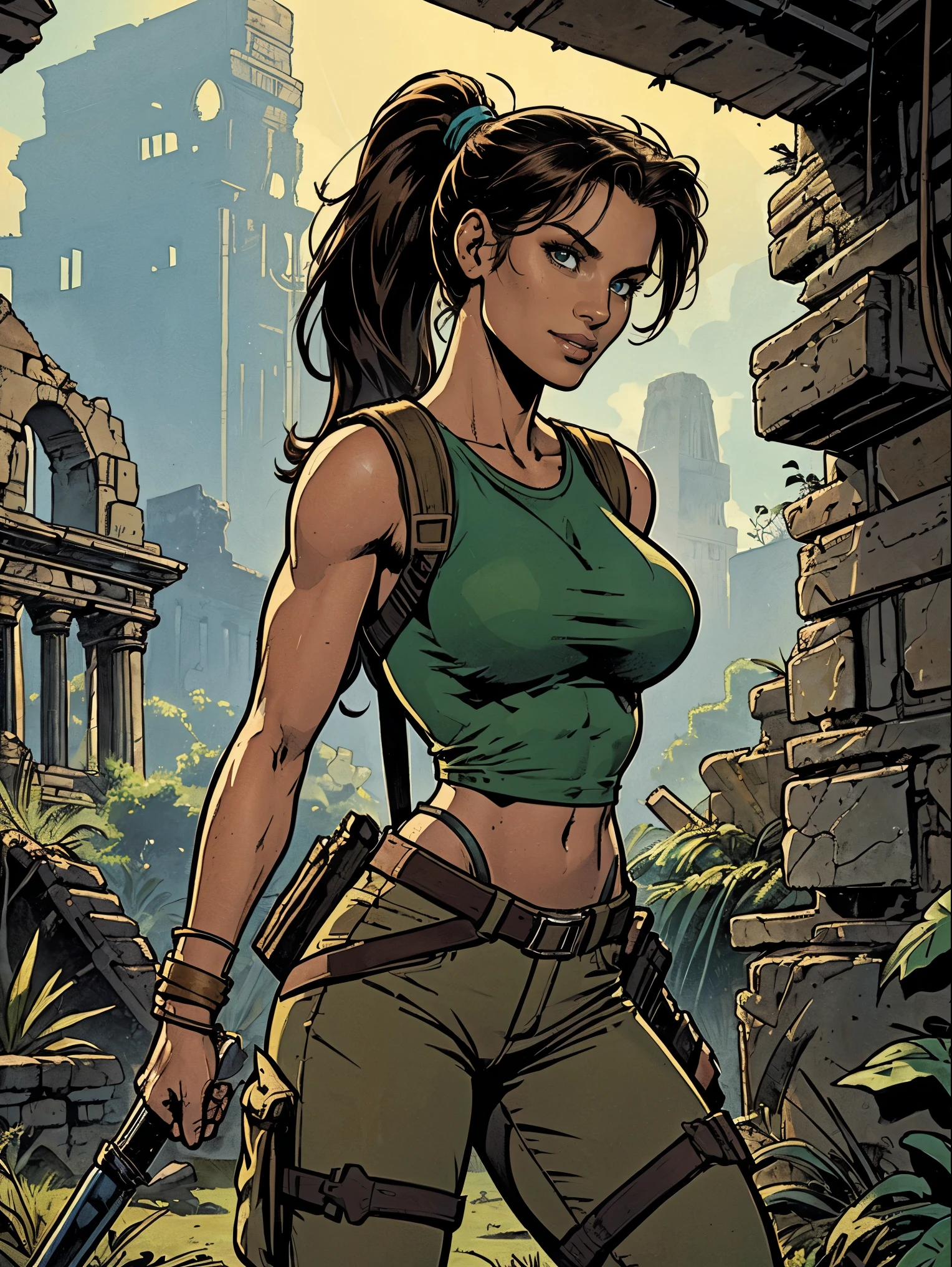 (masterpiece, top quality, best quality, official art, beautiful and aesthetic:1.2), (1girl:1.3), brown hair, ponytail, extremely detailed, portrait, looking at viewer, solo, (full body:0.6), detailed background, close up, mischievous eyes, (cool Incan ruins theme:1.1), pleasant smile, brunette, aquiline nose, green eyes, ponytail, ((gigantic breasts)), (thin), athletic, Lara Croft. Wearing a sleek light blue sleeveless top, brown shorts, boots, shoulder harness, backpack, holsters, utility belt, slim waist, slim hips, long legs, ancient (jungle ruins exterior:1.1) detailed background, bright optimistic lighting, shadows, magical atmosphere, dutch angle