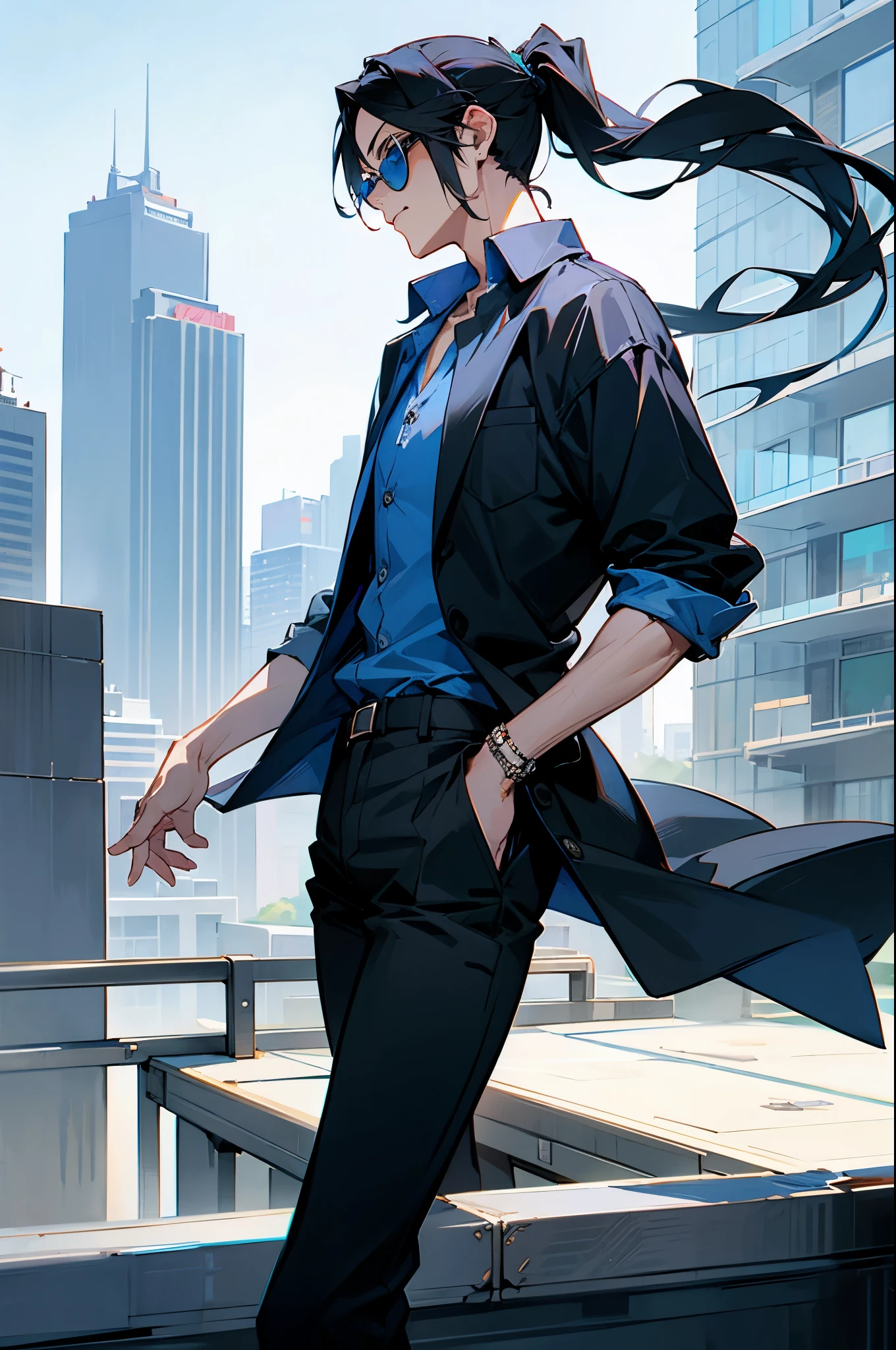 1male, Adult, Black Hair, Long Ponytail, Sandals, Blue Eyes, City Background, Blue button Up Shirt, Black Pants, Sunglasses, Lax expression