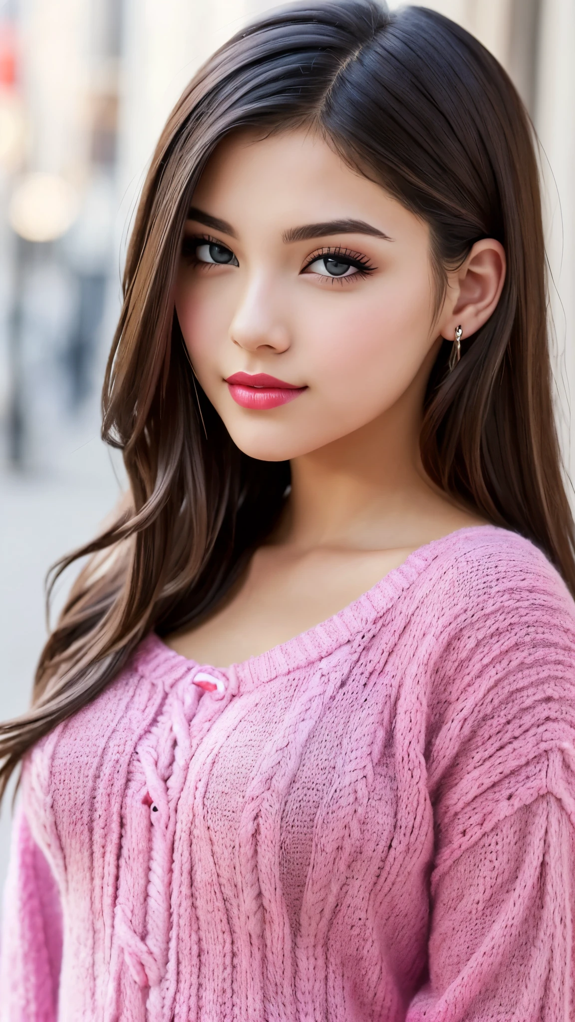 beautiful girl, brown eyes, beautiful 18 year old girl, hair color [Brown highlights hair], [undercut pixie] hair, short hair, lips, realistic, narrow waist, charming, pink lipstick, colorful makeup, long eyelashes, fair skin, (cute), (detailed face), detailed eyes, detailed iris, (large breasts:1.2), smirk, (knit sweater), 