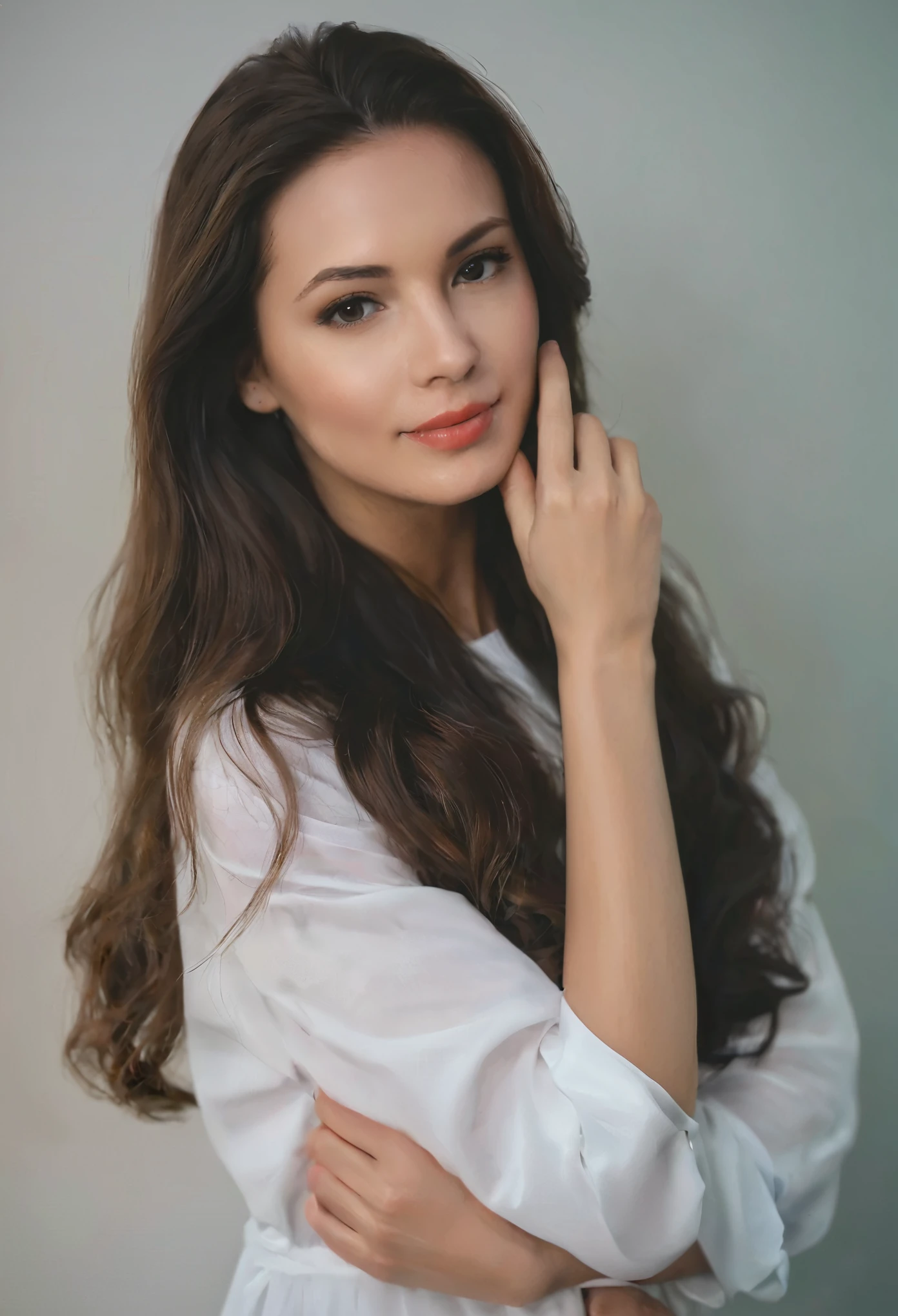 photoshoot, photo studio, unedited photo, редAкционнAя photography, ультрAдетAлизировAннAя photography, photography из фильмA, KINEMATOGRAPHIC, posing, Amateur photo, Aalog, RAW, F2, 35 mm, A (Amateur photo), flash photography, taken on A old camera, polaroid, 8K, very detailed, (high quality, Best quality:1.3), Extremely high resolution, granularity, Kiki from NetherlAds, long (waist length:1.2) Combed chestnut hair, ((macro lens)), dark atmosphere, ((concentrated on the eyes)), Women's expressions, The image looks straight into the camera, Blue eyes, photography, Fujifilm SuperA Premium 400, Nikon D850 photography из фильмA, CodeAk PortrA 400 F1.6 lenses, 8K, UHD