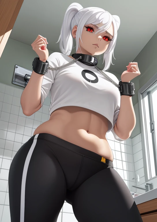 1girl in detailed bathroom, pov, from below, (Yoga Pants, collar, cuffs, chain, metal collar), cuff2collar, white hair, red eyes