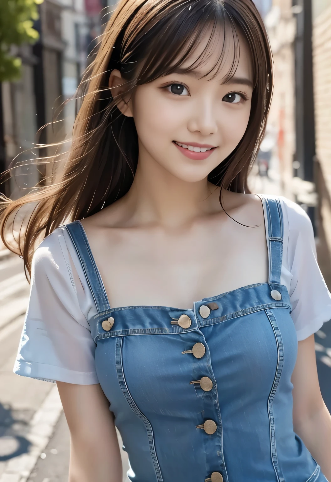 (masterpiece, best quality:1.1), (8k, raw photo, photo realistic:1.2, f22), (shiny skin), detailed skin,long hair,ribbon,detailed face, detailed eyes,smile,BREAK, real world, intricate details, smil, BREAK, 1girl, full body,(denim,short sleeve,dress)BREAK, (rain,Town:1.4