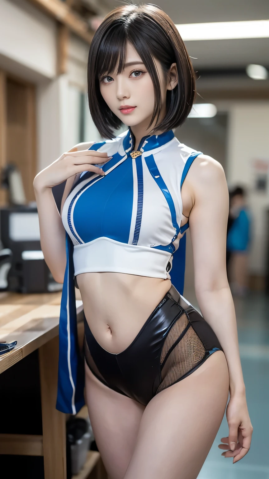 ((highest quality)),figure,Ultra high definition 8K,Realistic,Sharp focus,Very detailed,Professional Lighting,Colorful details,Very long plans for a rainbow rest factory,Construction of large mechanical robots,Microchip,Computer,Shiny、Intricate details,Shitmeka,A Girl Standing Next to a Mecha、Genshin Impact、Genshin Impactコスチューム、Genshin Impactスーツ、Gundam、belly button、cute、sexy、Super detailed eyes,Natural Bangs、Arched eyebrows、Groomed eyebrows、(Large, balanced eyes)、Cute eyes、Beautiful Eyes、Beautiful thin nose、Beautiful face line、Beautiful Skin、Medium Bob Hair、Natural Bangs、Slim face、Slim figure、Lighting the face、Bright lighting、Professional Lighting、Forward lighting、Slim and beautiful thighs、Slim waistline、